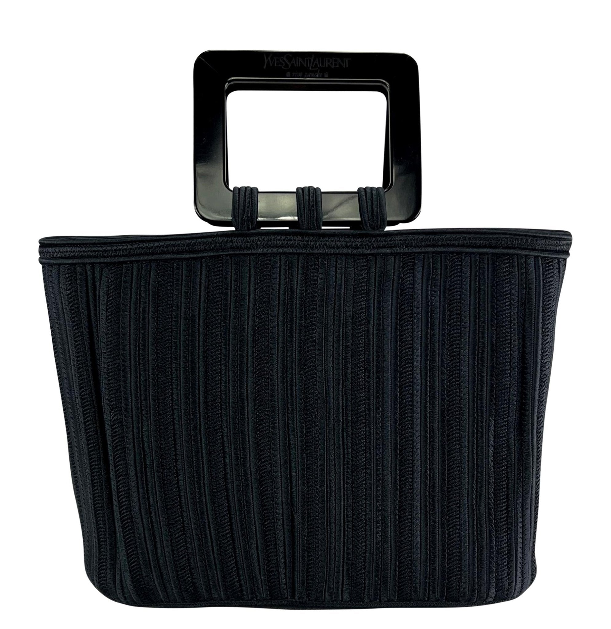 1990s Yves Saint Laurent Navy Blue Woven Cord Black Acrylic Handle Tote Bag - RealList