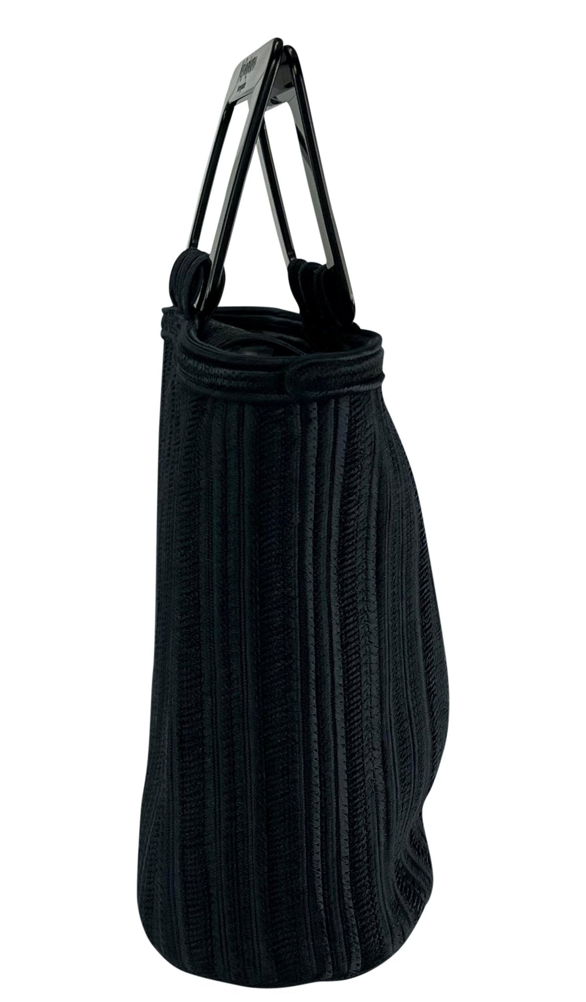1990s Yves Saint Laurent Navy Blue Woven Cord Black Acrylic Handle Tote Bag - RealList