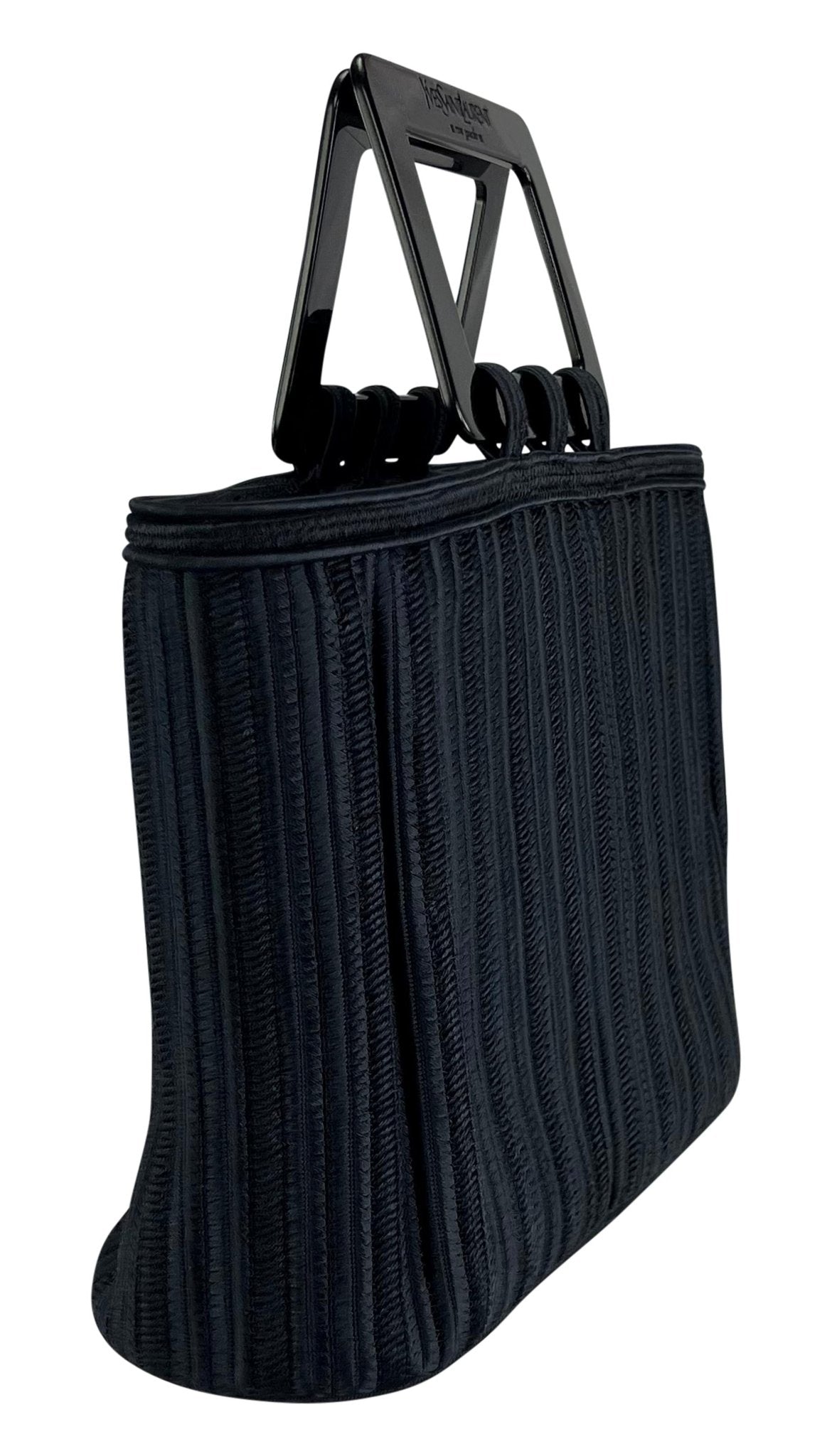 1990s Yves Saint Laurent Navy Blue Woven Cord Black Acrylic Handle Tote Bag - RealList