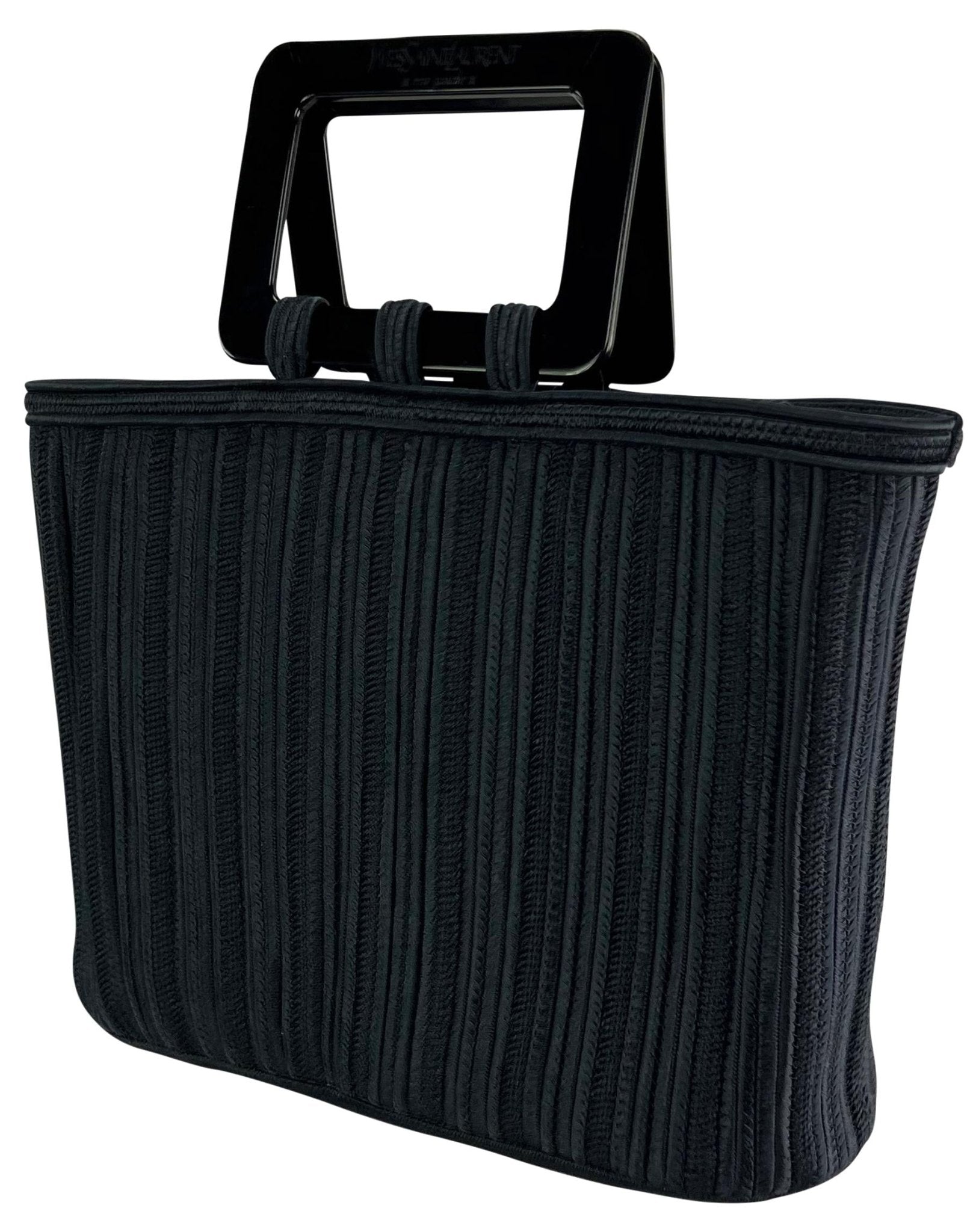 1990s Yves Saint Laurent Navy Blue Woven Cord Black Acrylic Handle Tote Bag - RealList