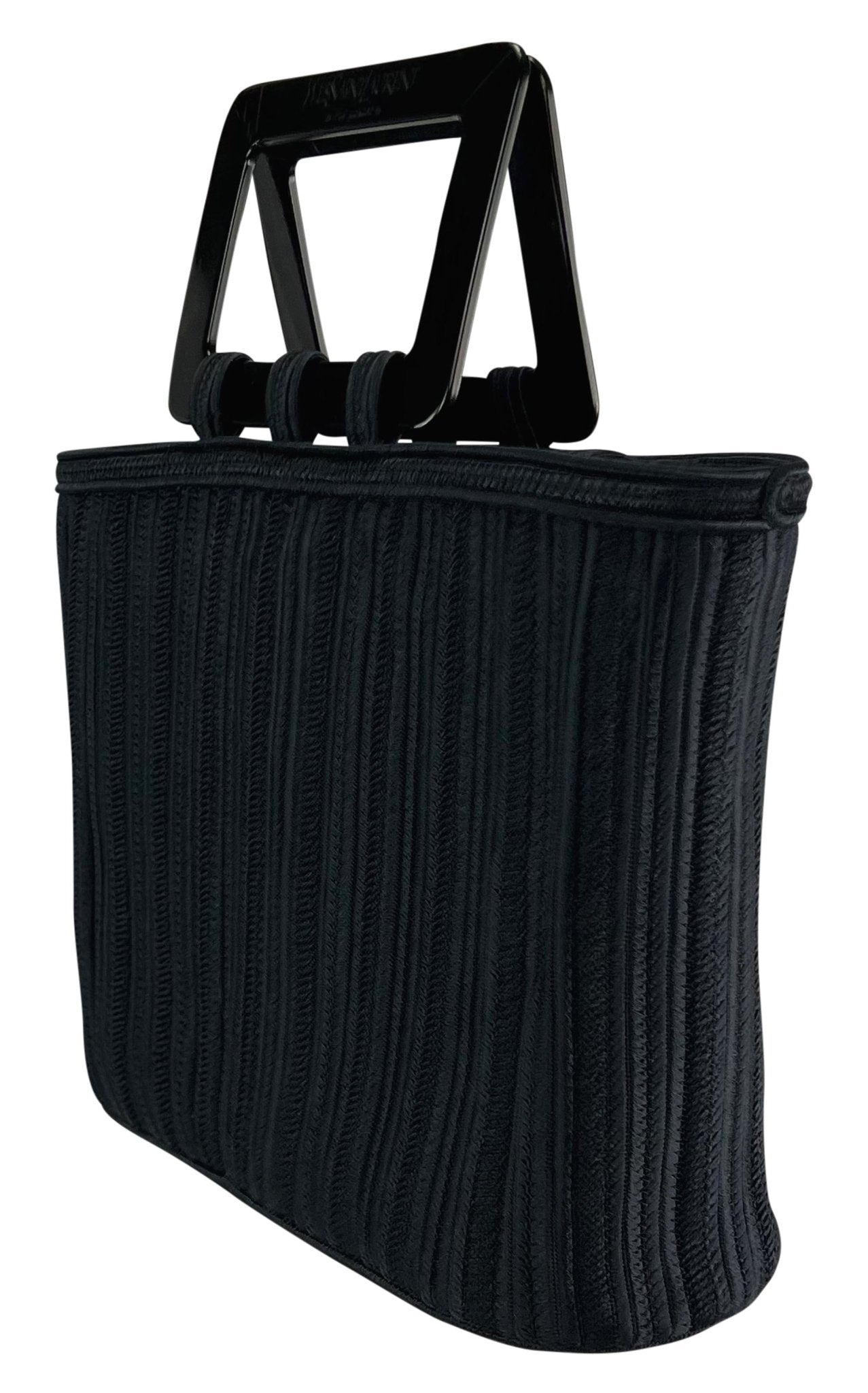 1990s Yves Saint Laurent Navy Blue Woven Cord Black Acrylic Handle Tote Bag - RealList
