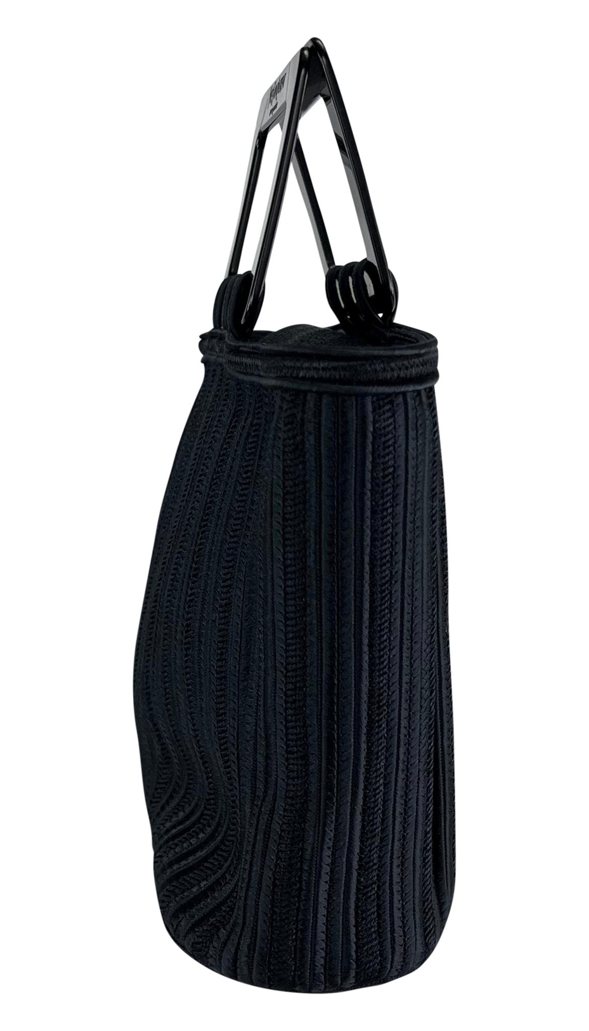 1990s Yves Saint Laurent Navy Blue Woven Cord Black Acrylic Handle Tote Bag - RealList