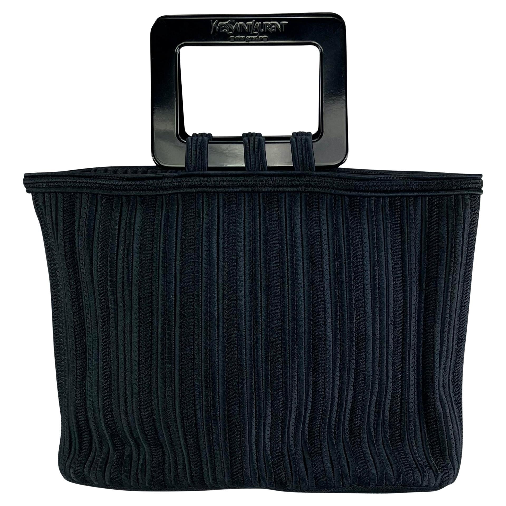 1990s Yves Saint Laurent Navy Blue Woven Cord Black Acrylic Handle Tote Bag - RealList