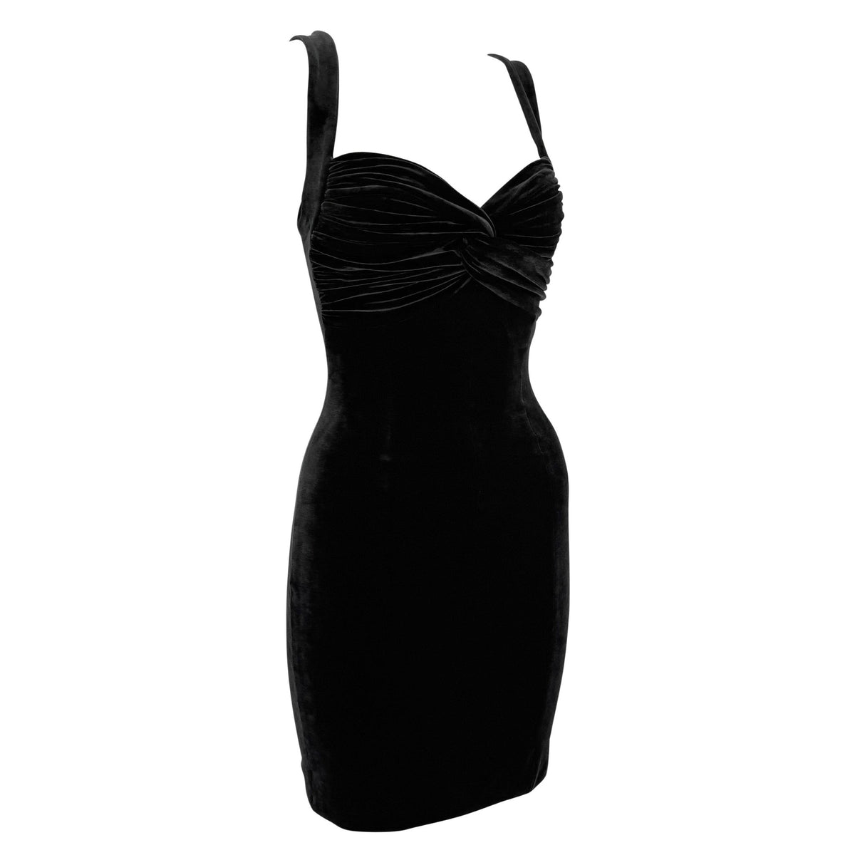 1991 Norma Kamali Black Velvet Bodycon Tied Bust Mini Dress - RealList