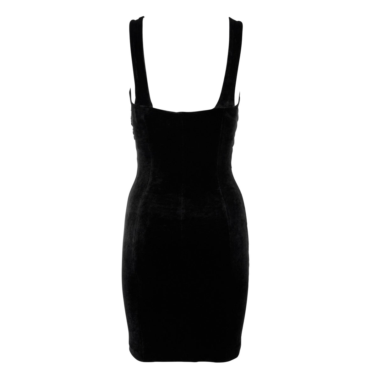 1991 Norma Kamali Black Velvet Bodycon Tied Bust Mini Dress - RealList