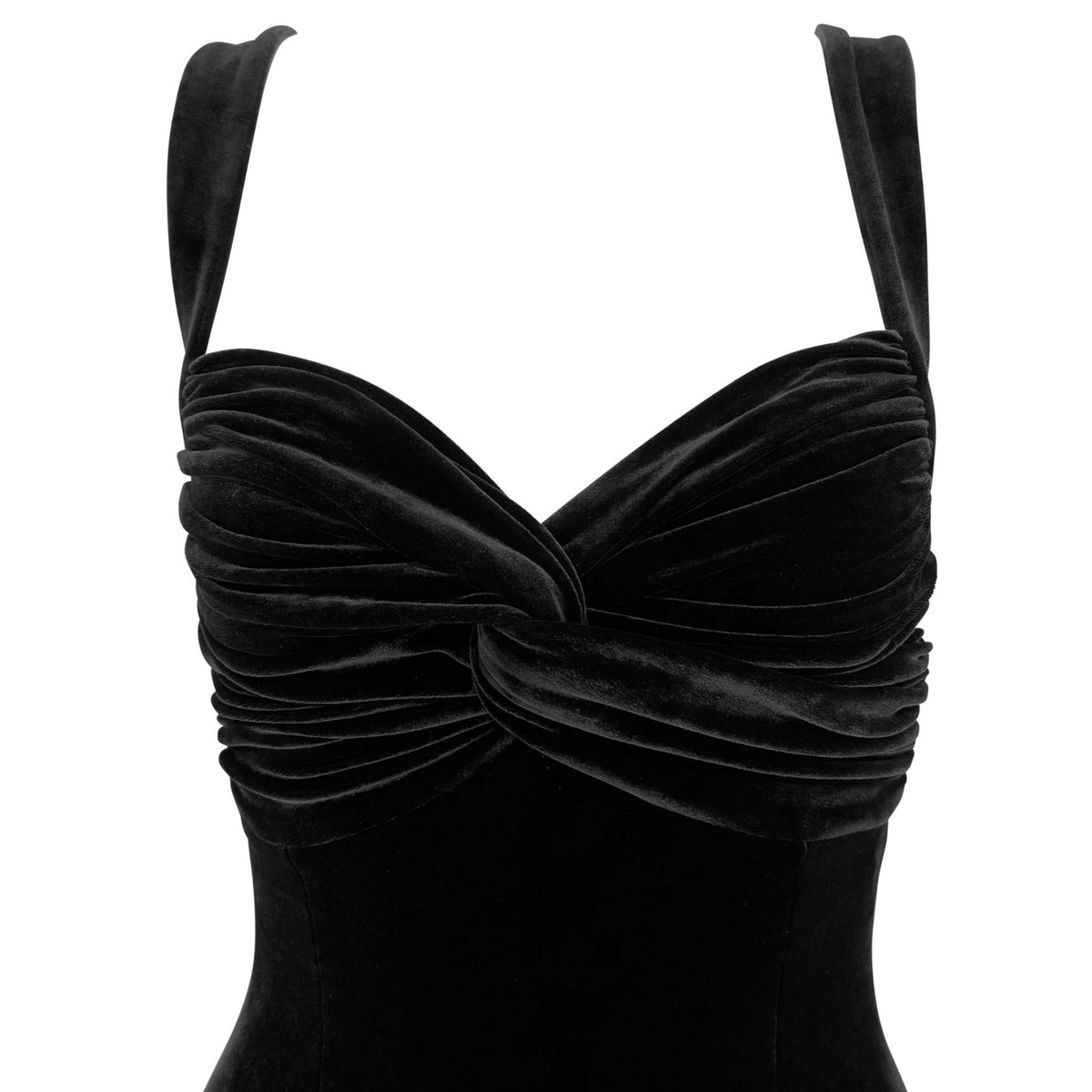 1991 Norma Kamali Black Velvet Bodycon Tied Bust Mini Dress - RealList