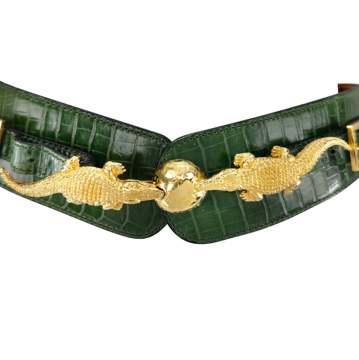 1992 Celine Paris Dark Green Embossed Leather Figural Crocodile Waist Belt - RealList