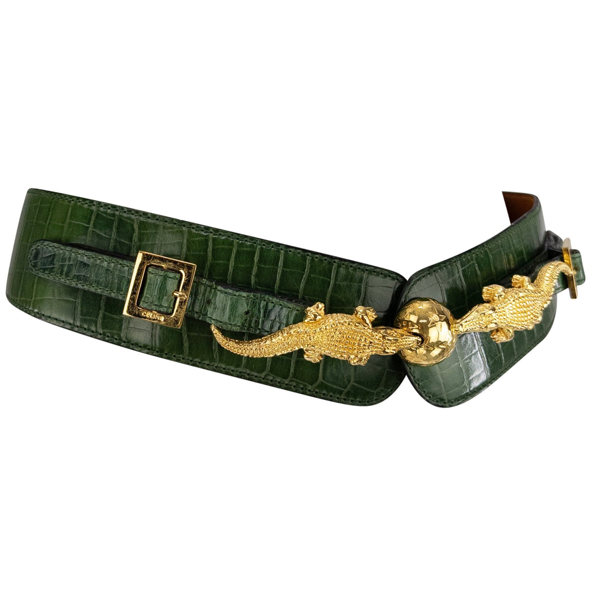 1992 Celine Paris Dark Green Embossed Leather Figural Crocodile Waist Belt - RealList