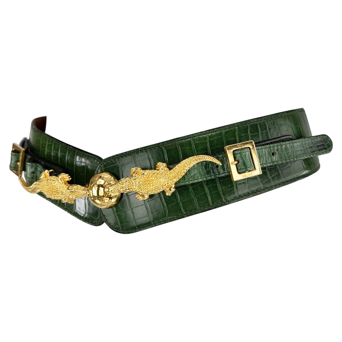 1992 Celine Paris Dark Green Embossed Leather Figural Crocodile Waist Belt - RealList