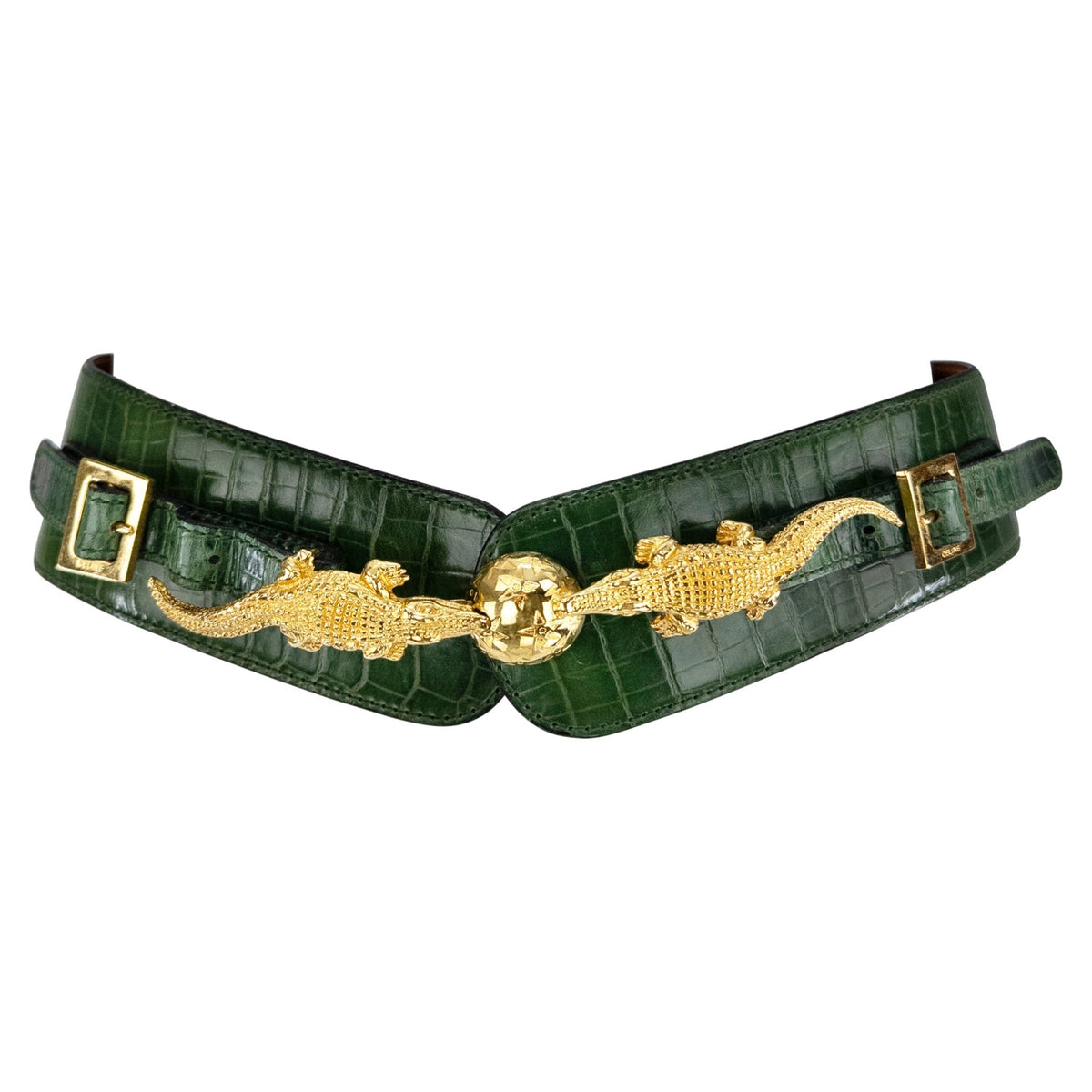 1992 Celine Paris Dark Green Embossed Leather Figural Crocodile Waist Belt - RealList