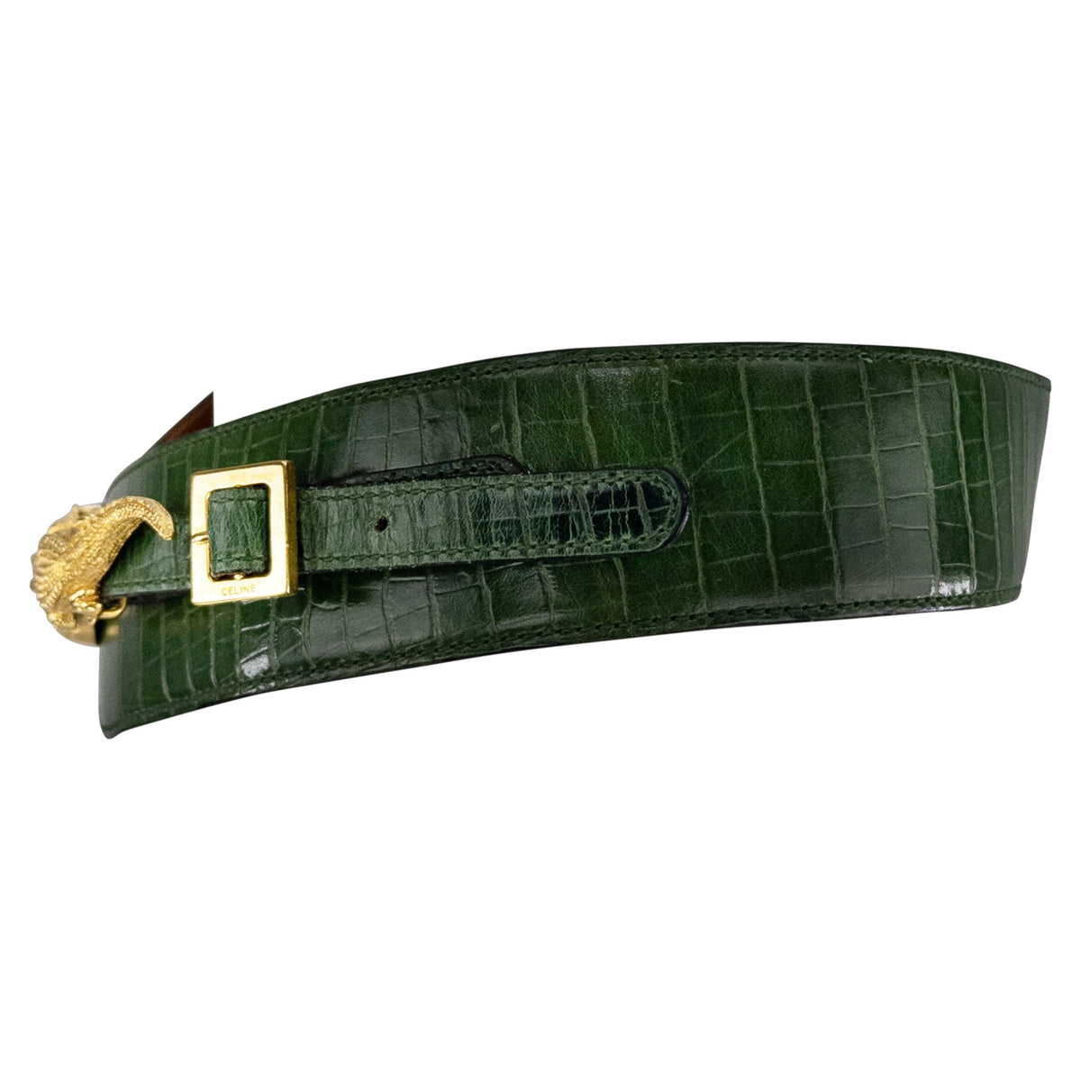 1992 Celine Paris Dark Green Embossed Leather Figural Crocodile Waist Belt - RealList