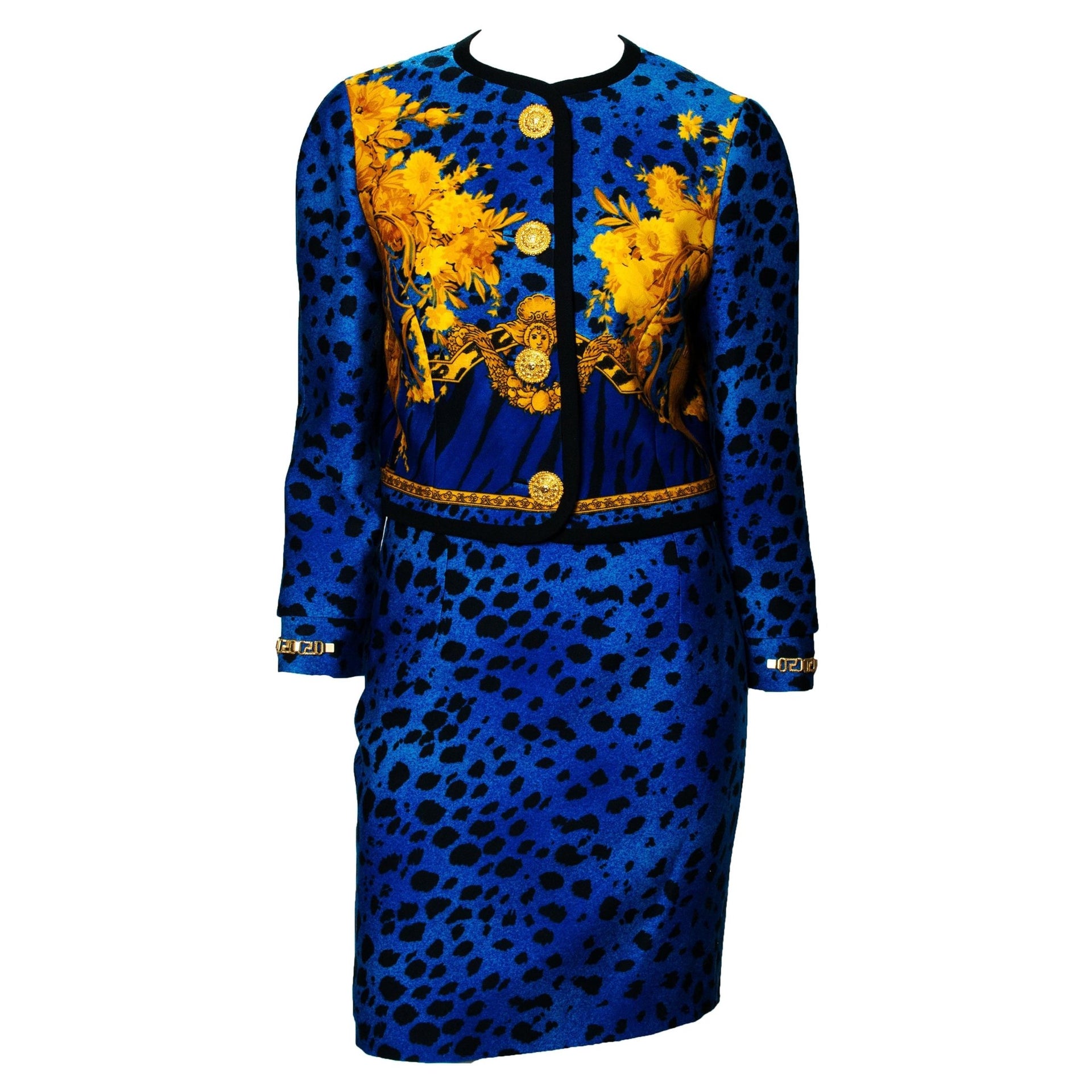 1992 Gianni Versace Blue Baroque Leopard Print Skirt Suit with Gold Chain Cuffs - RealList