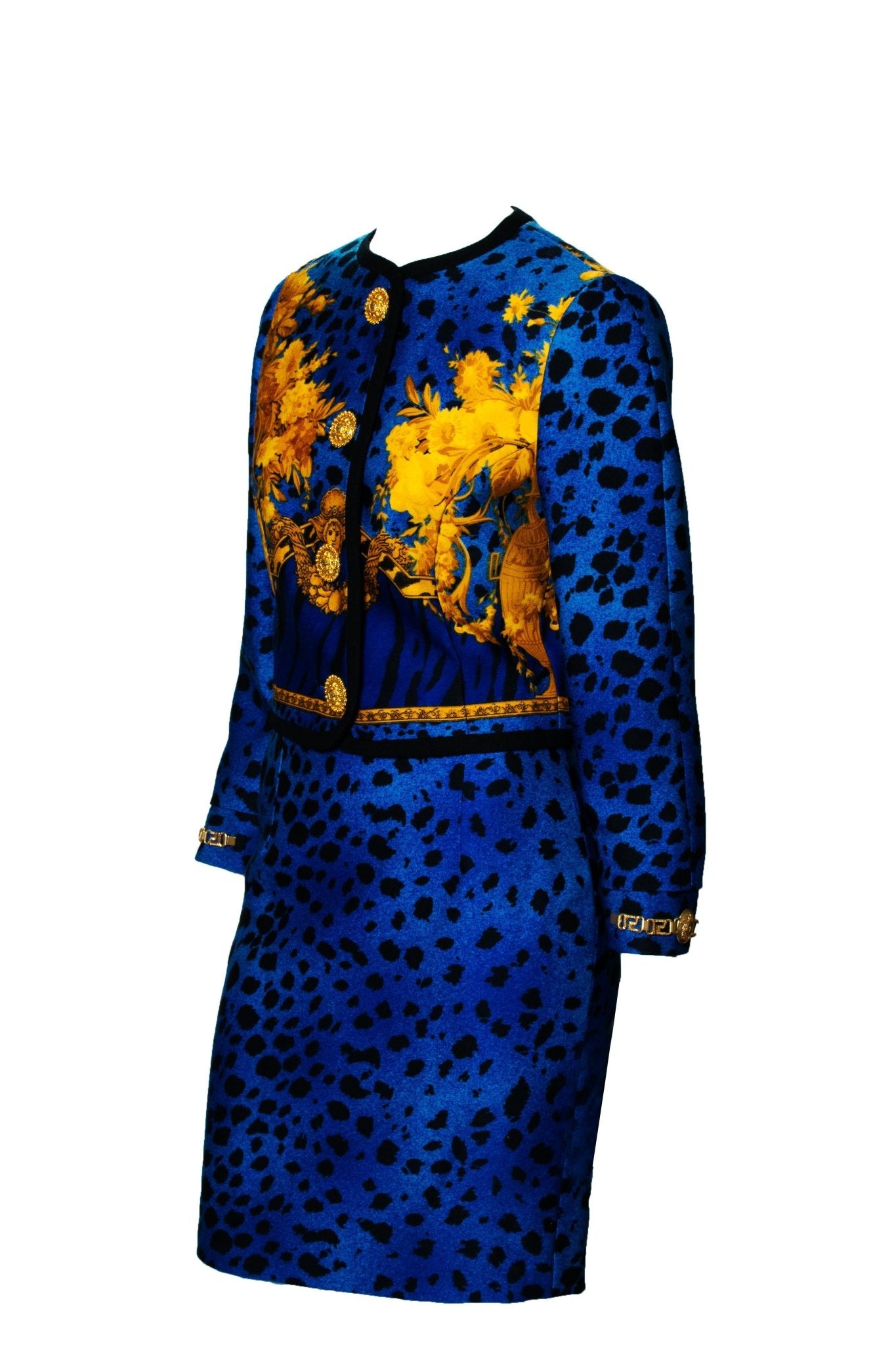 1992 Gianni Versace Blue Baroque Leopard Print Skirt Suit with Gold Chain Cuffs - RealList