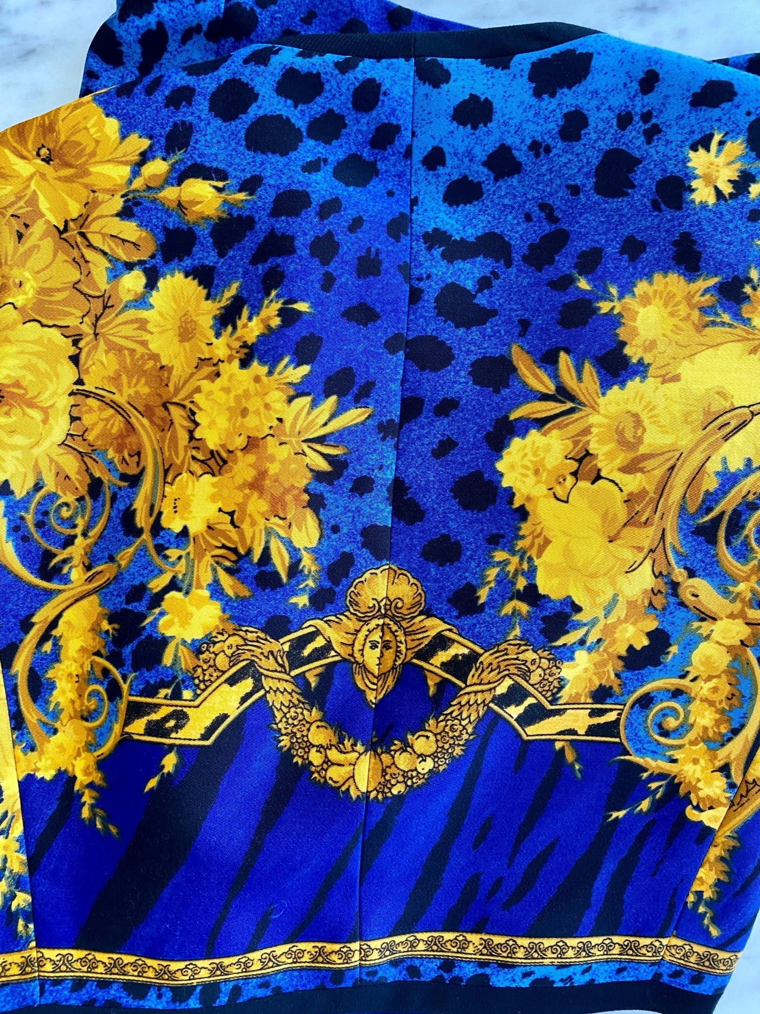 1992 Gianni Versace Blue Baroque Leopard Print Skirt Suit with Gold Chain Cuffs - RealList