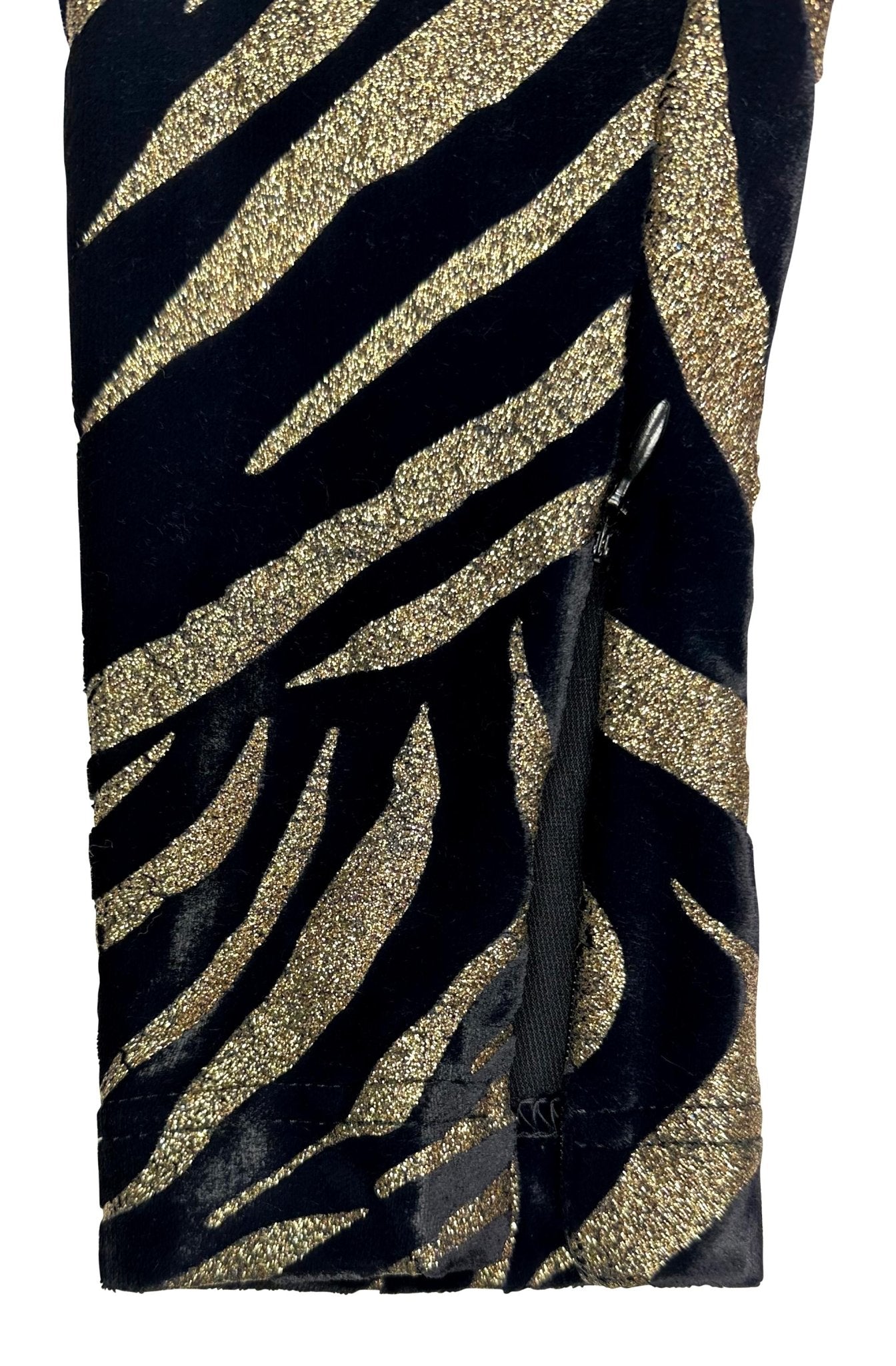 1992 Gianni Versace Gold Glitter Animal Pattern Stretch Black Velvet Leggings - RealList