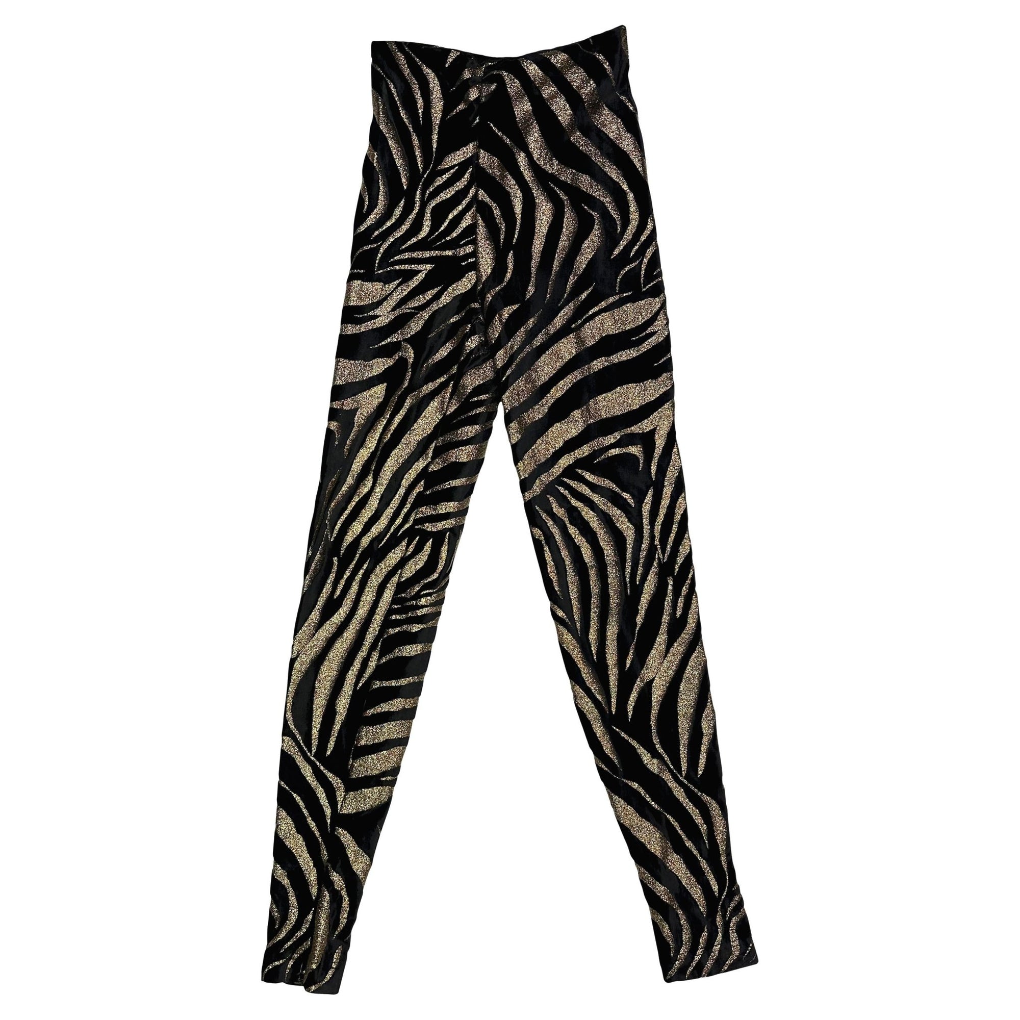 1992 Gianni Versace Gold Glitter Animal Pattern Stretch Black Velvet Leggings - RealList