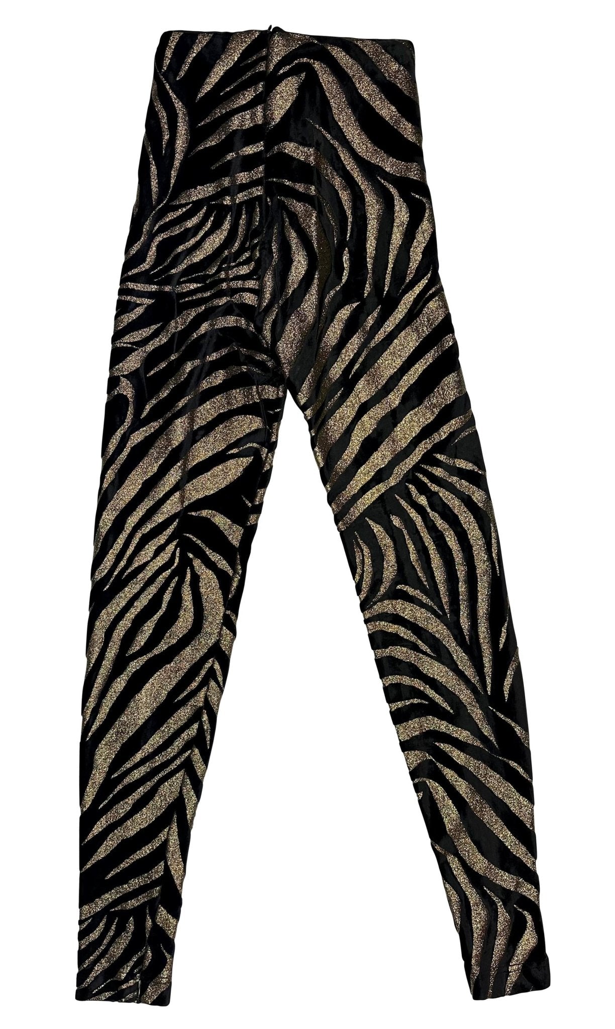 1992 Gianni Versace Gold Glitter Animal Pattern Stretch Black Velvet Leggings - RealList
