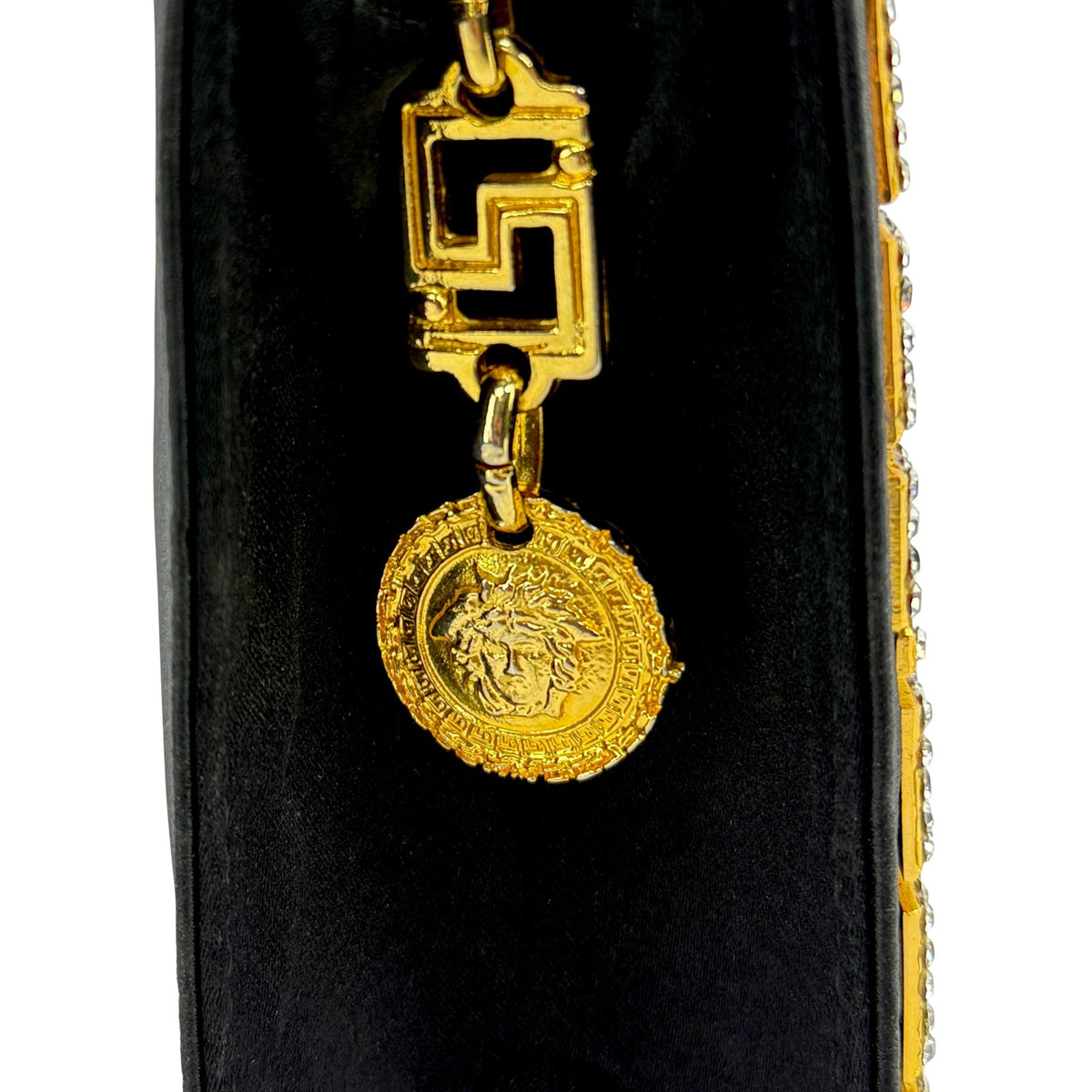 1992 Gianni Versace Rhinestone Medusa Medallion Black Silk Evening Clutch Bag - RealList