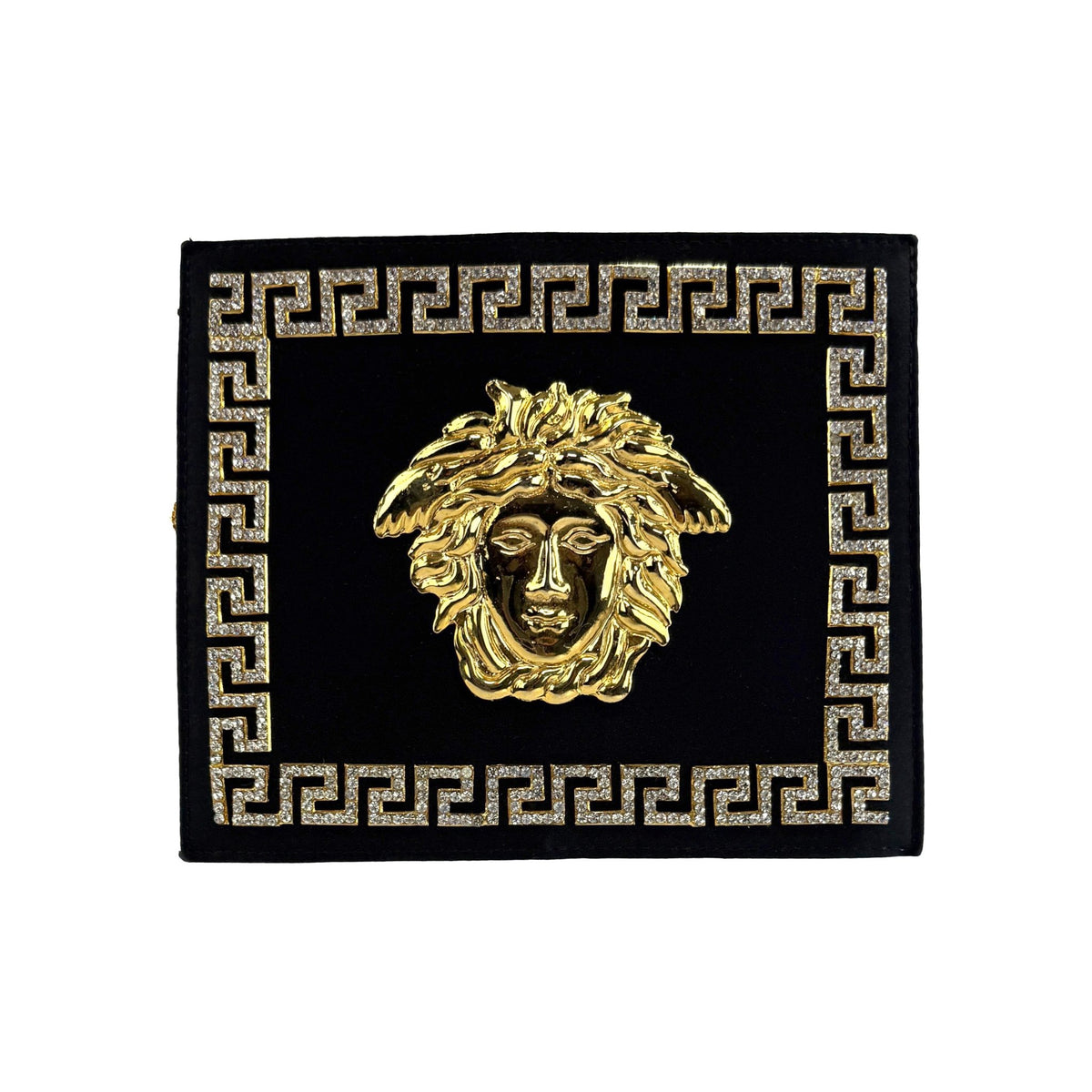 1992 Gianni Versace Rhinestone Medusa Medallion Black Silk Evening Clutch Bag - RealList