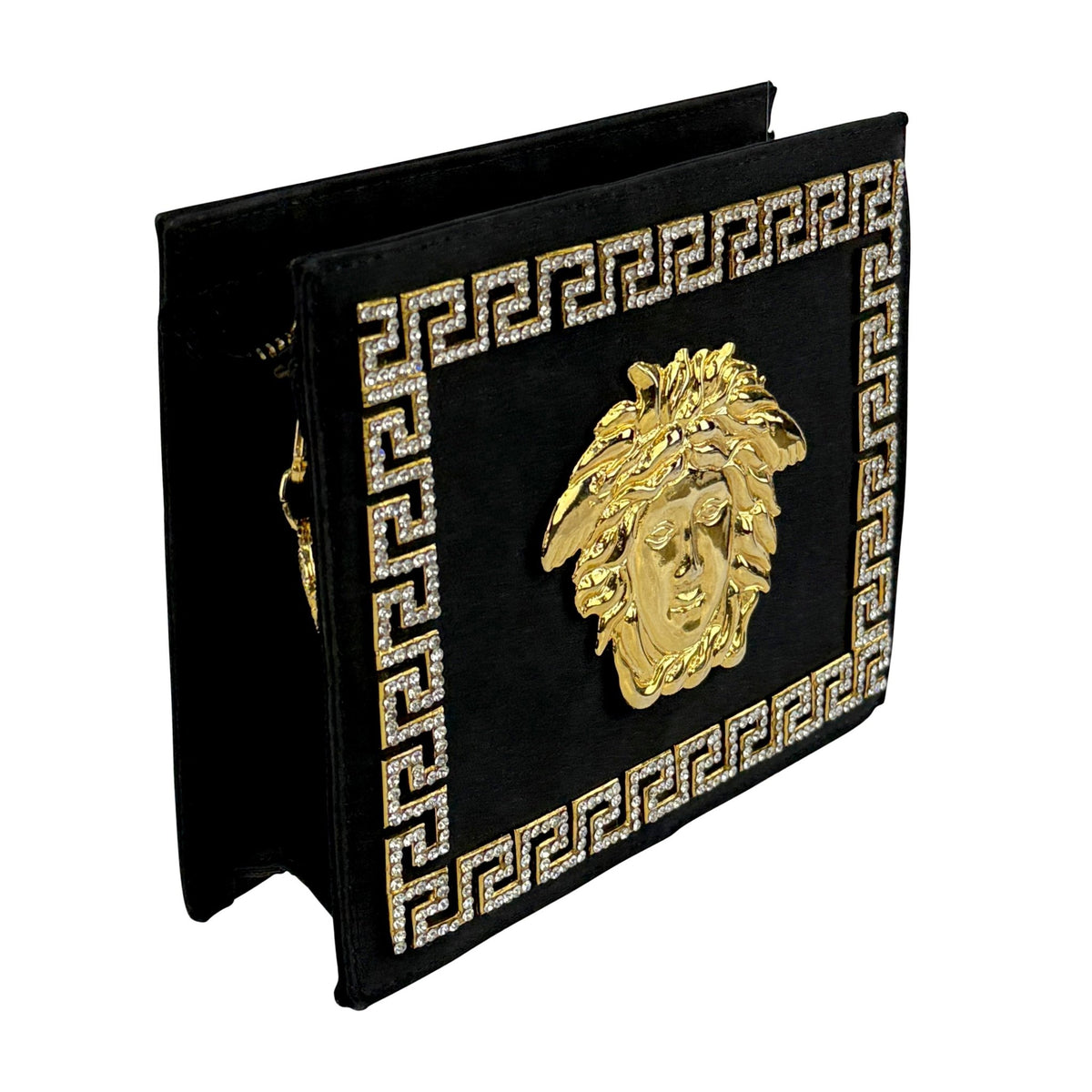 1992 Gianni Versace Rhinestone Medusa Medallion Black Silk Evening Clutch Bag - RealList