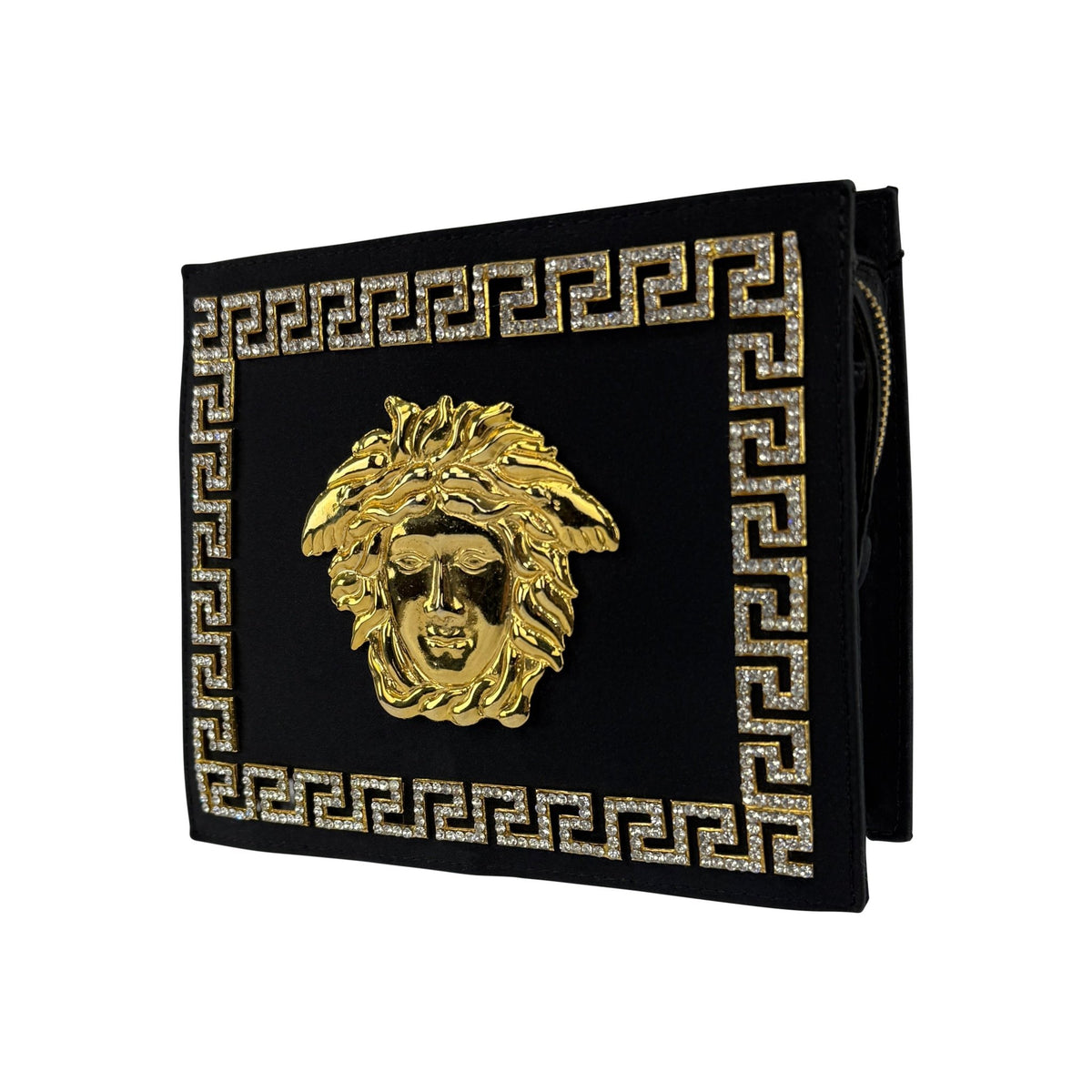 1992 Gianni Versace Rhinestone Medusa Medallion Black Silk Evening Clutch Bag - RealList