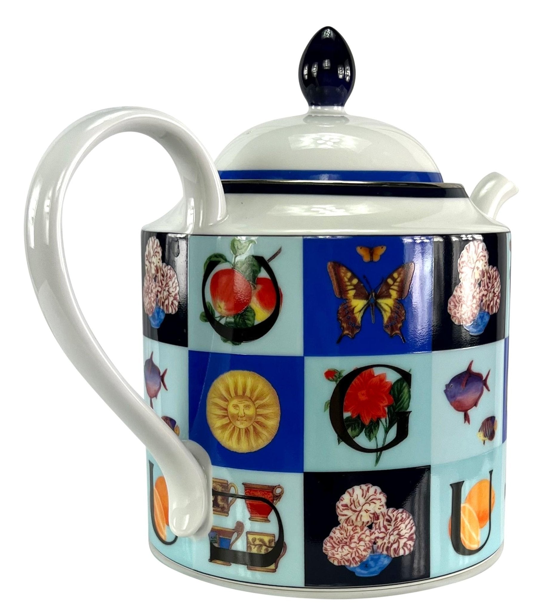 1994 Gucci Blue Iconography Logo Pattern White Porcelain Teapot - RealList