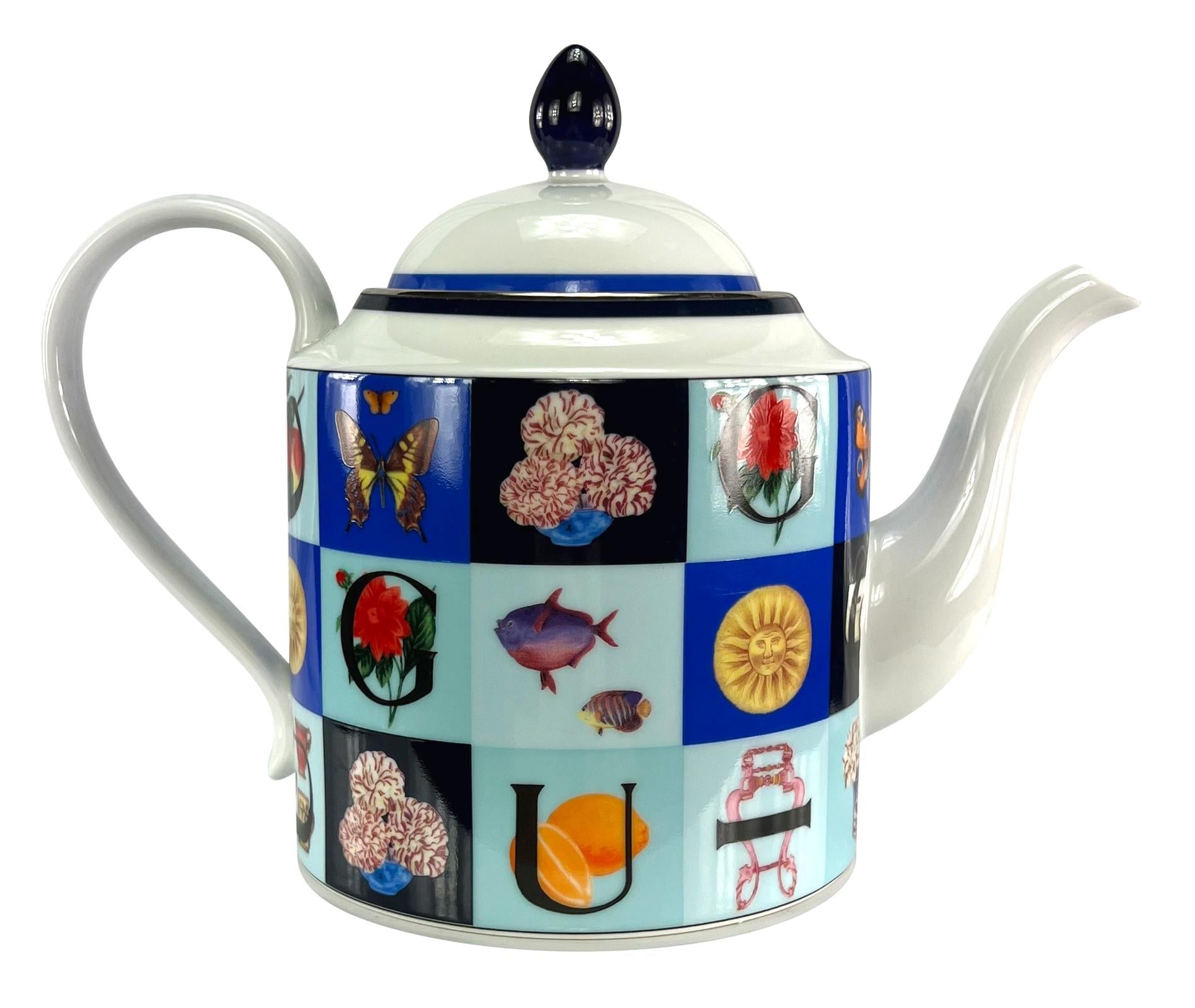 1994 Gucci Blue Iconography Logo Pattern White Porcelain Teapot - RealList