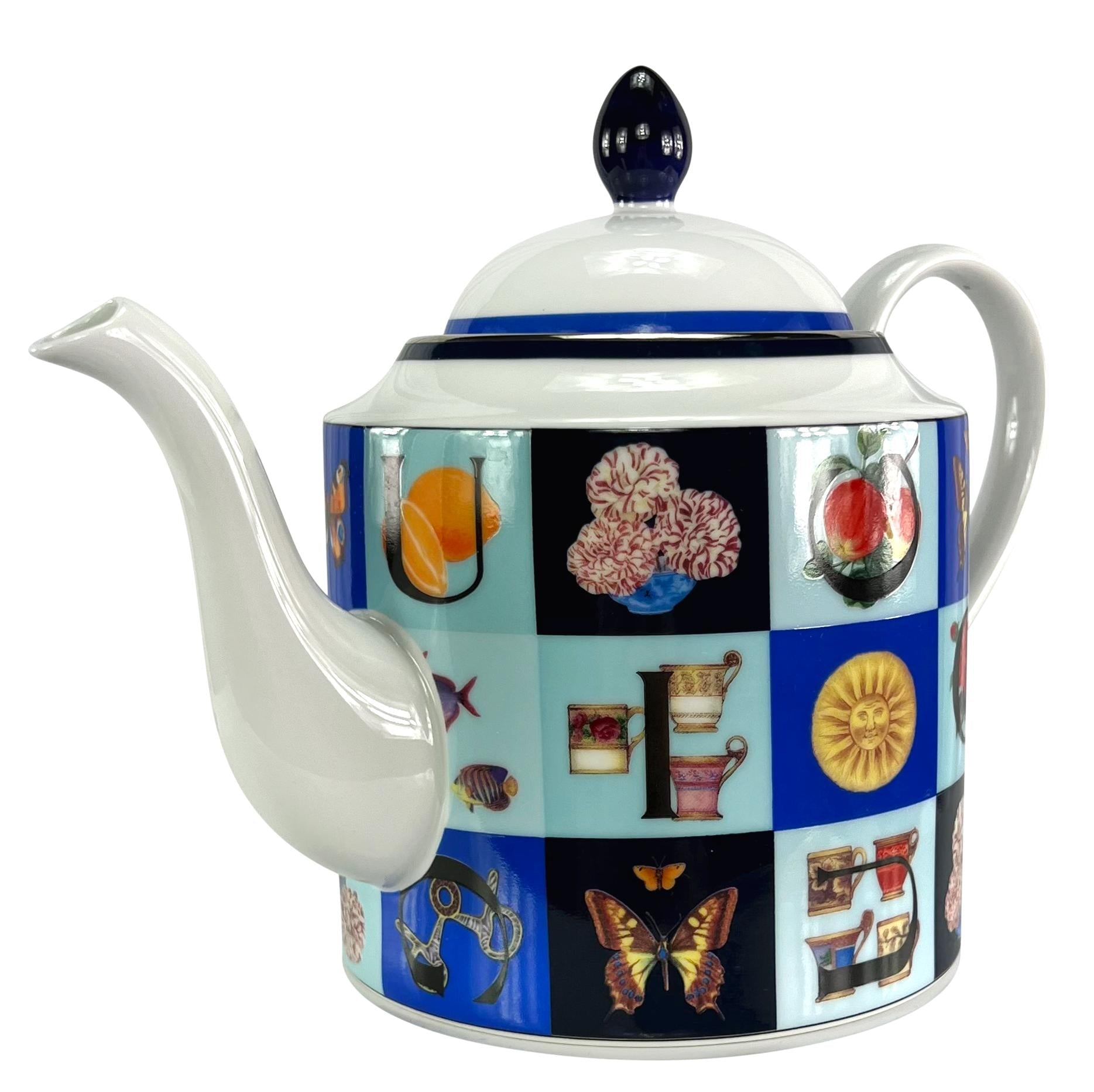 1994 Gucci Blue Iconography Logo Pattern White Porcelain Teapot - RealList