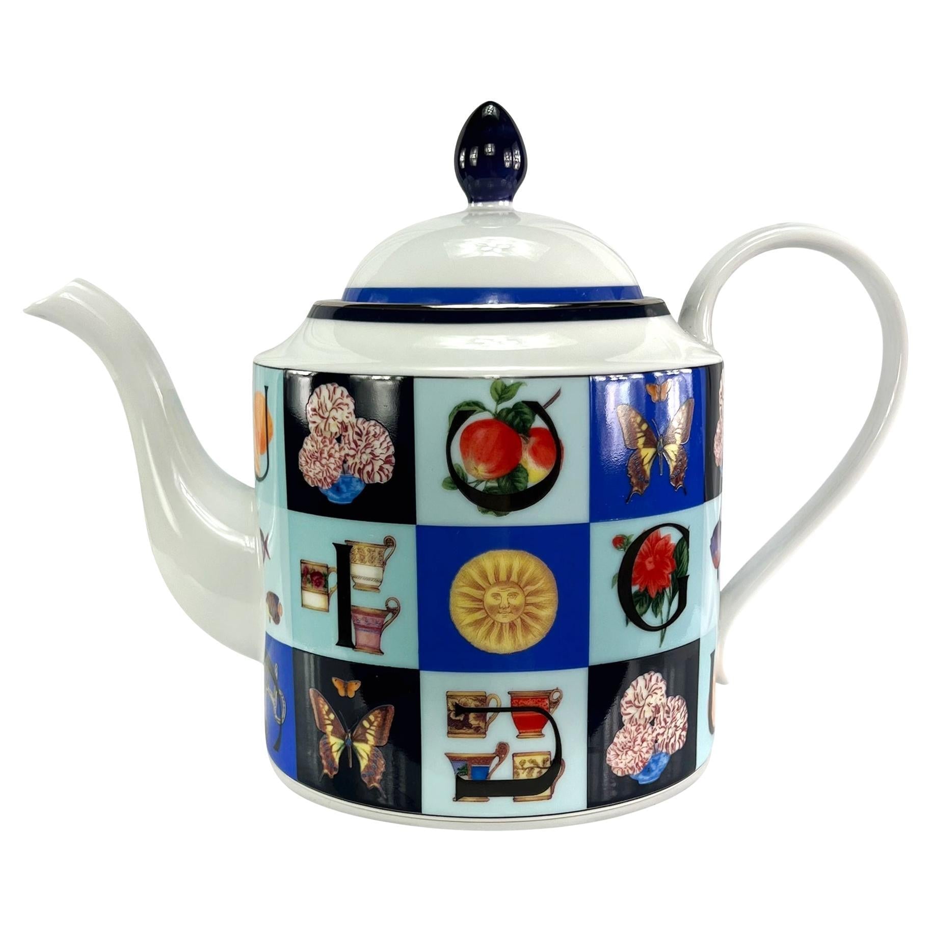 1994 Gucci Blue Iconography Logo Pattern White Porcelain Teapot - RealList