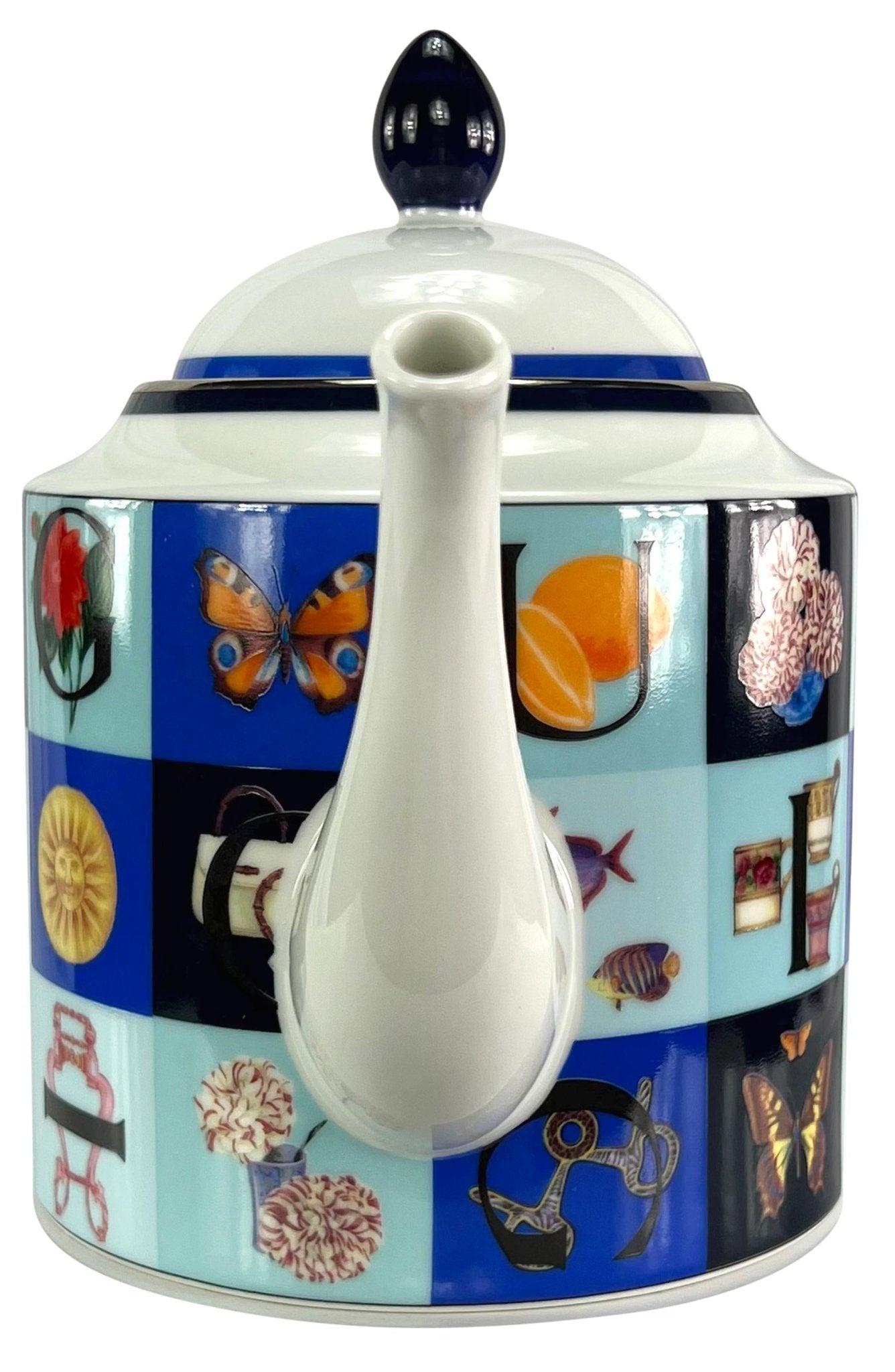 1994 Gucci Blue Iconography Logo Pattern White Porcelain Teapot - RealList