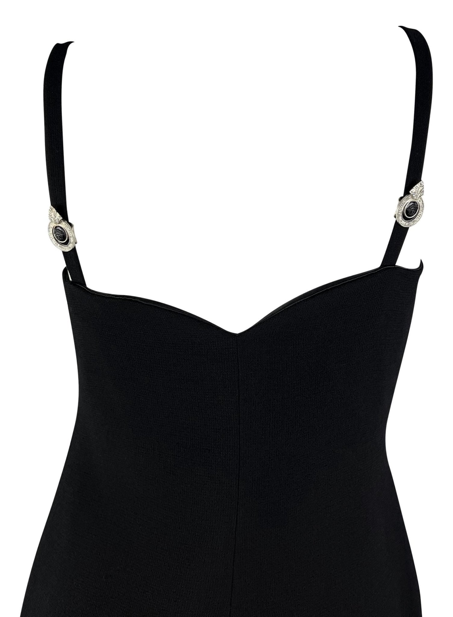 1995 Gianni Versace Black Sweetheart Neckline Rhinestone Medusa Black Dress - RealList