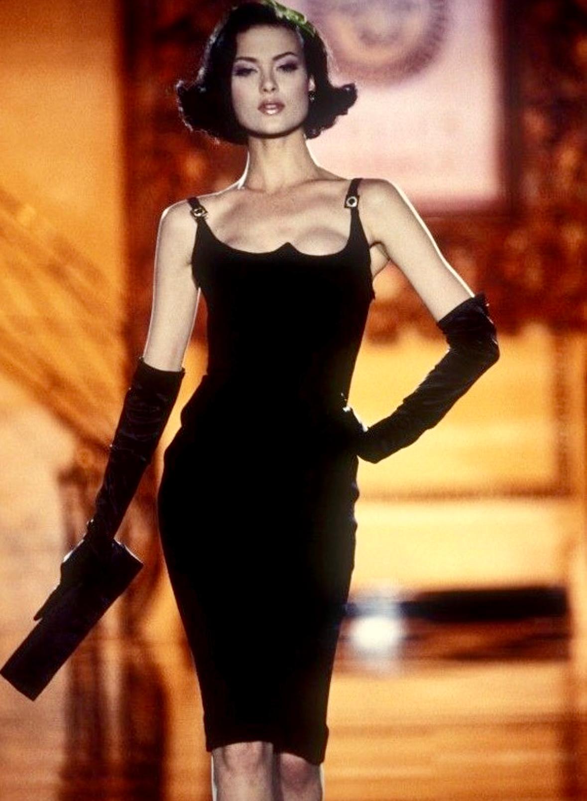 1995 Gianni Versace Black Sweetheart Neckline Rhinestone Medusa Black Dress - RealList