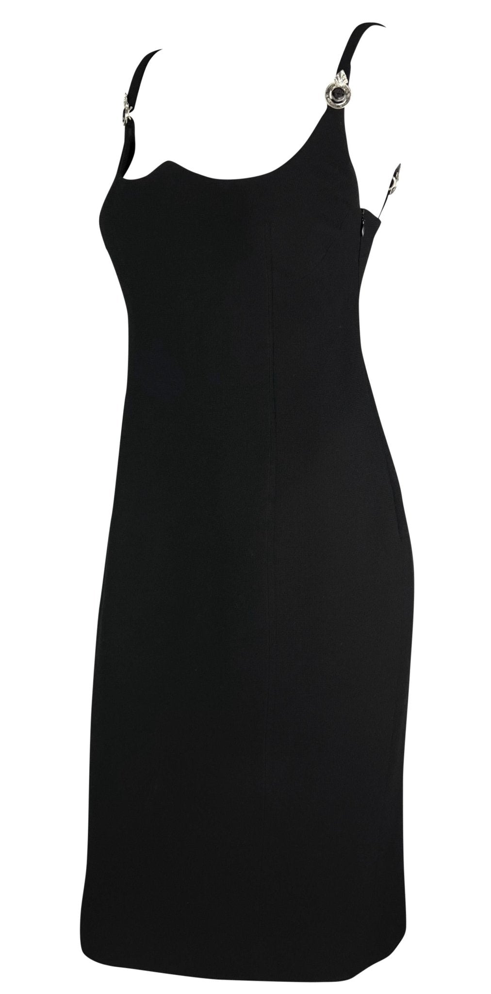 1995 Gianni Versace Black Sweetheart Neckline Rhinestone Medusa Black Dress - RealList