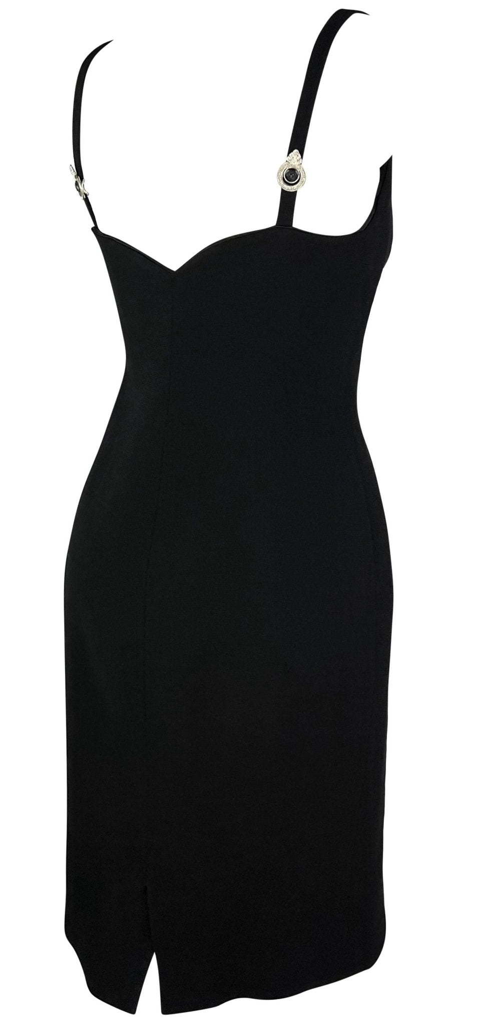 1995 Gianni Versace Black Sweetheart Neckline Rhinestone Medusa Black Dress - RealList