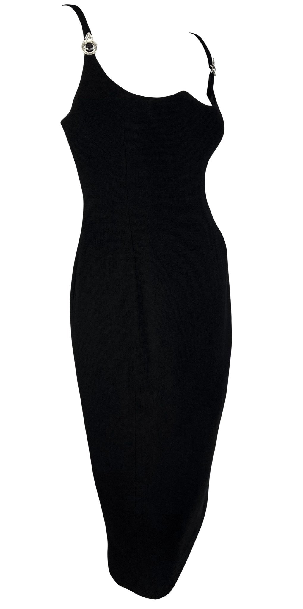 1995 Gianni Versace Black Sweetheart Neckline Rhinestone Medusa Black Dress - RealList