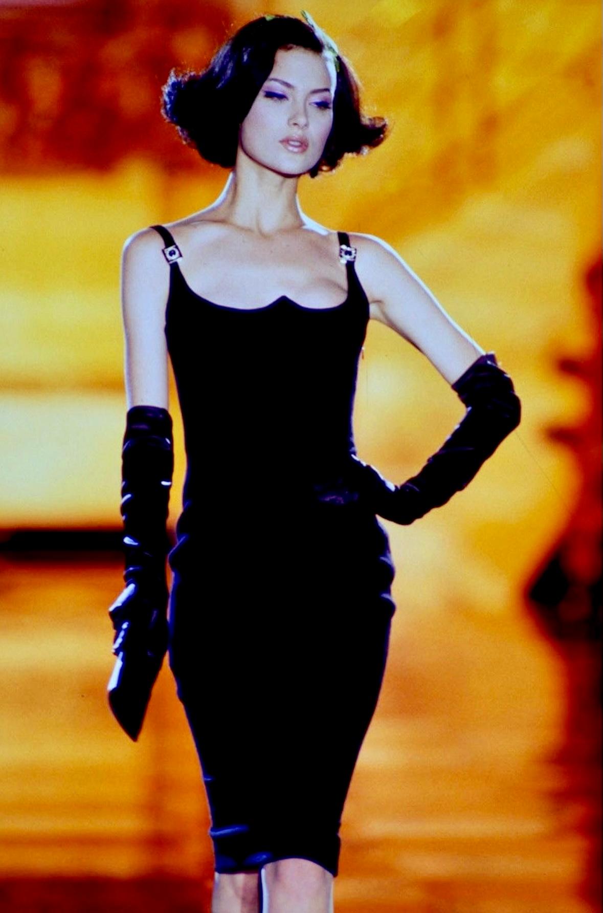 1995 Gianni Versace Black Sweetheart Neckline Rhinestone Medusa Black Dress - RealList