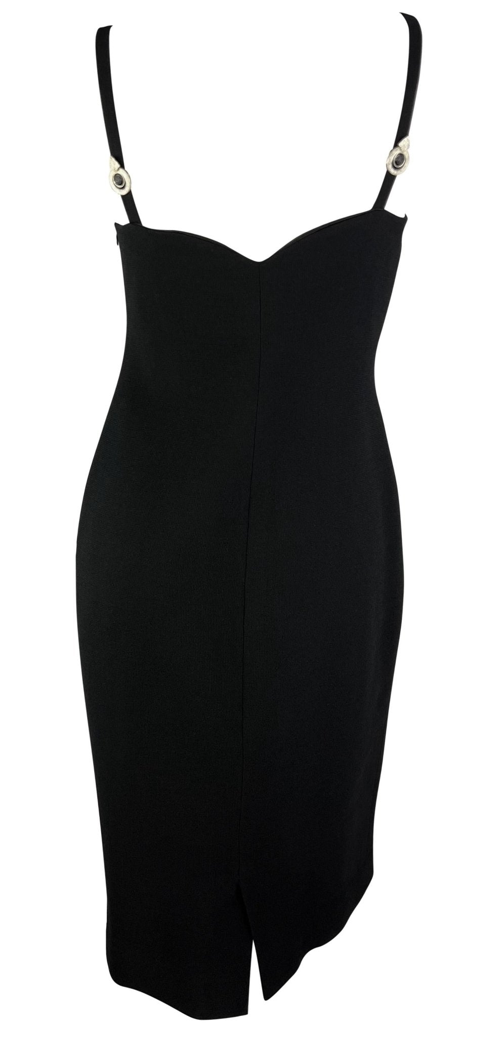 1995 Gianni Versace Black Sweetheart Neckline Rhinestone Medusa Black Dress - RealList