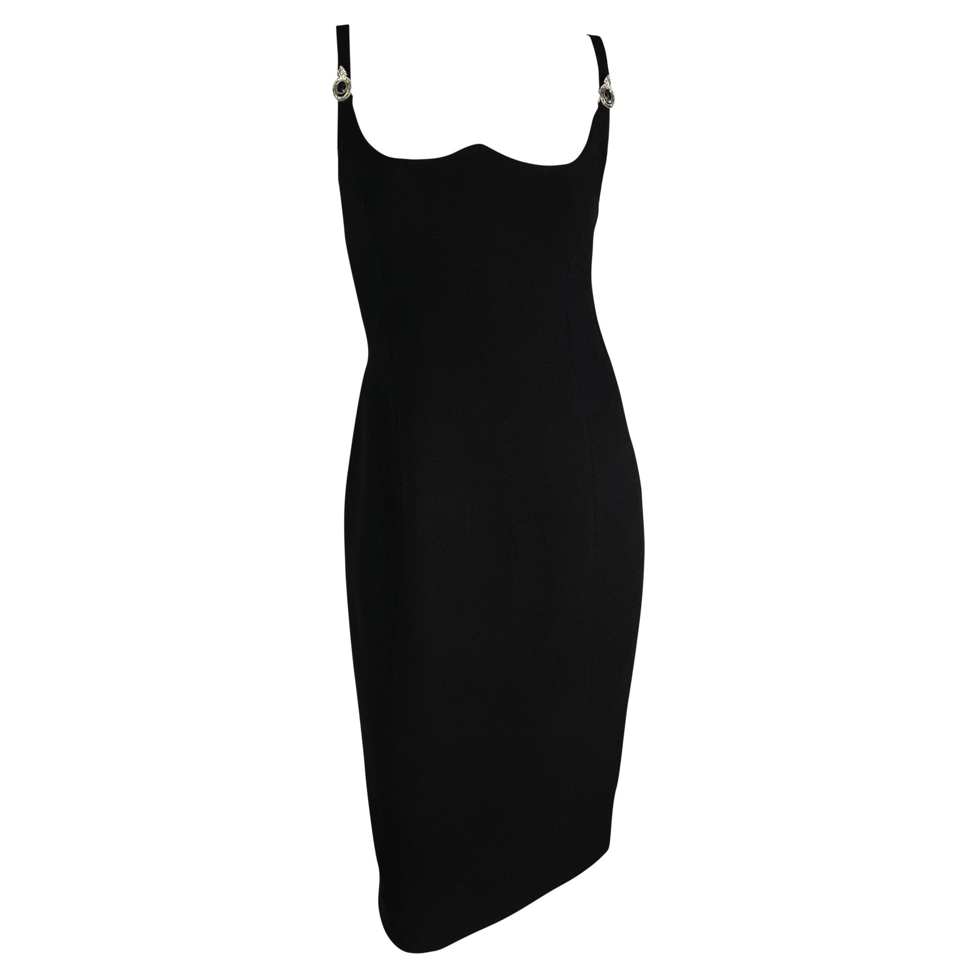 1995 Gianni Versace Black Sweetheart Neckline Rhinestone Medusa Black Dress - RealList