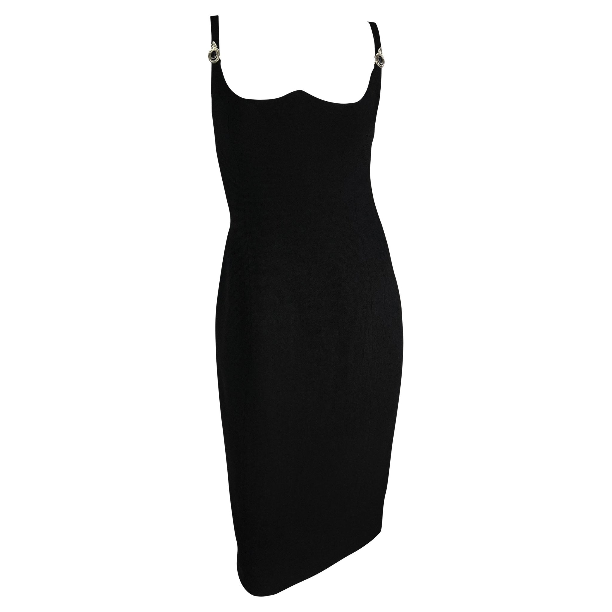 1995 Gianni Versace Black Sweetheart Neckline Rhinestone Medusa Black Dress - RealList