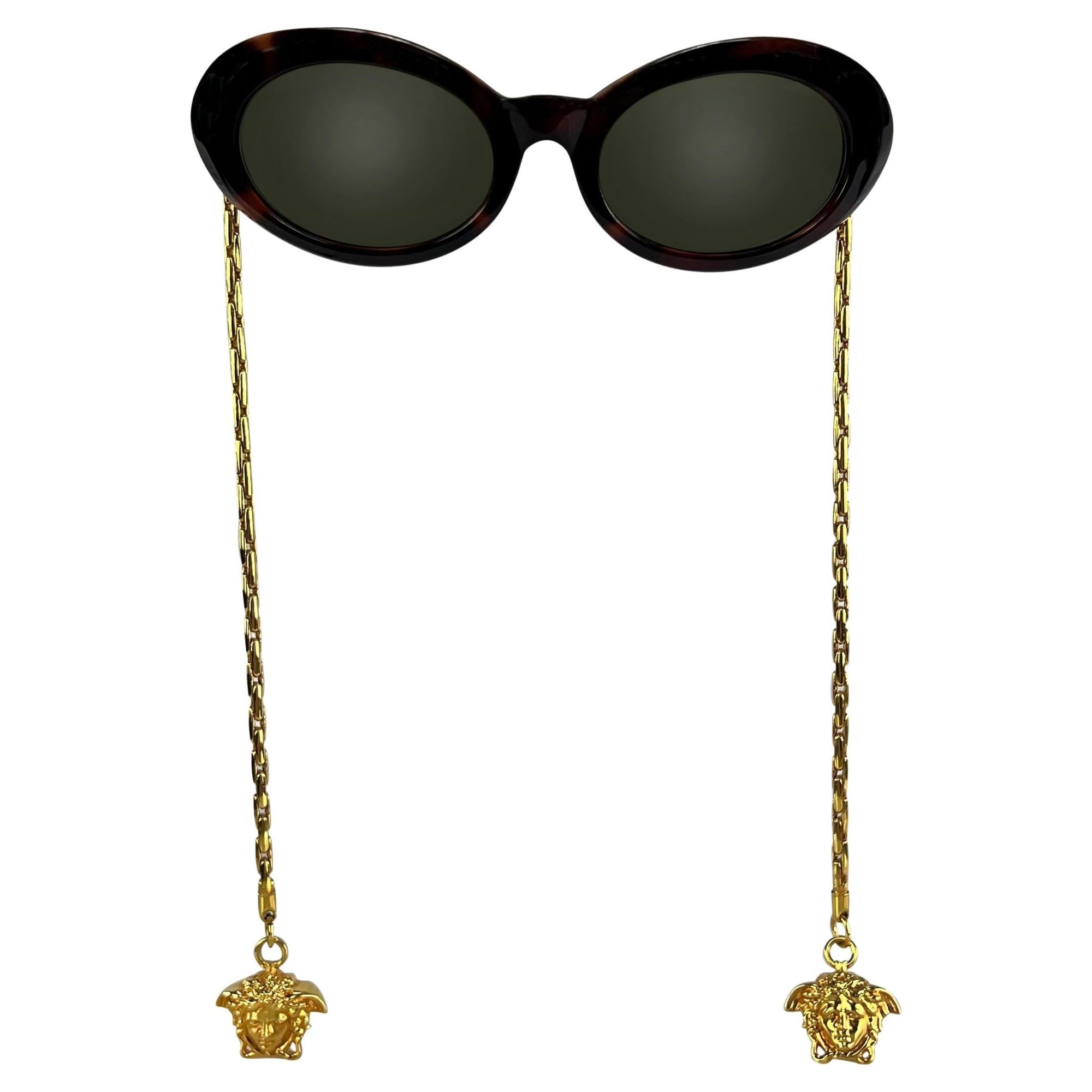 1996 Gianni Versace Faux Tortoise Shell Gold Chain Medusa Pendant Sunglasses - RealList