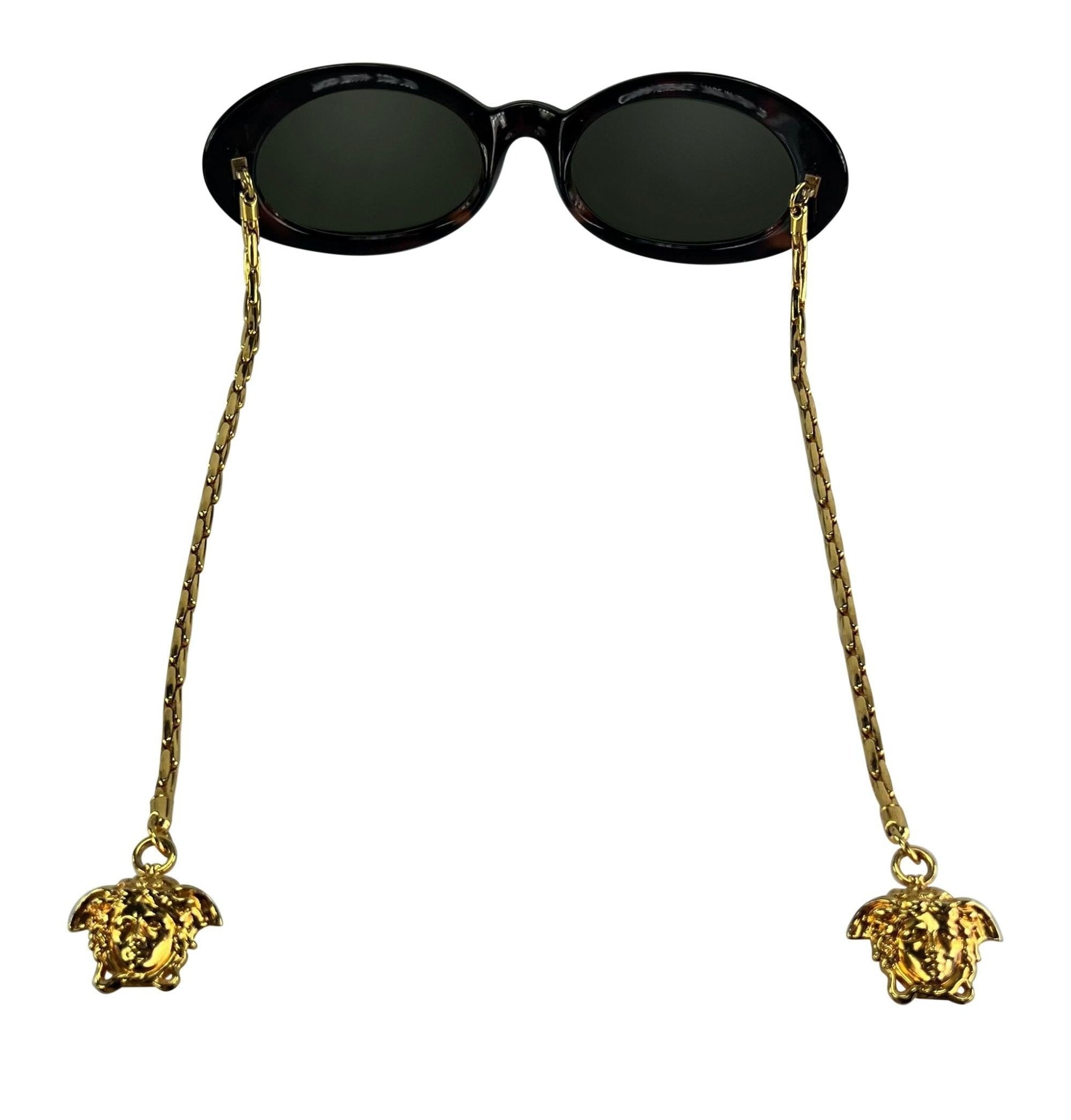 1996 Gianni Versace Faux Tortoise Shell Gold Chain Medusa Pendant Sunglasses - RealList