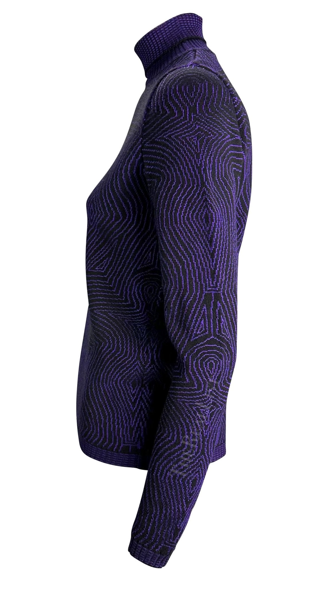 1996 Gianni Versace Purple Psychedelic Op Art Knit Roll - Neck Sweater Top - RealList