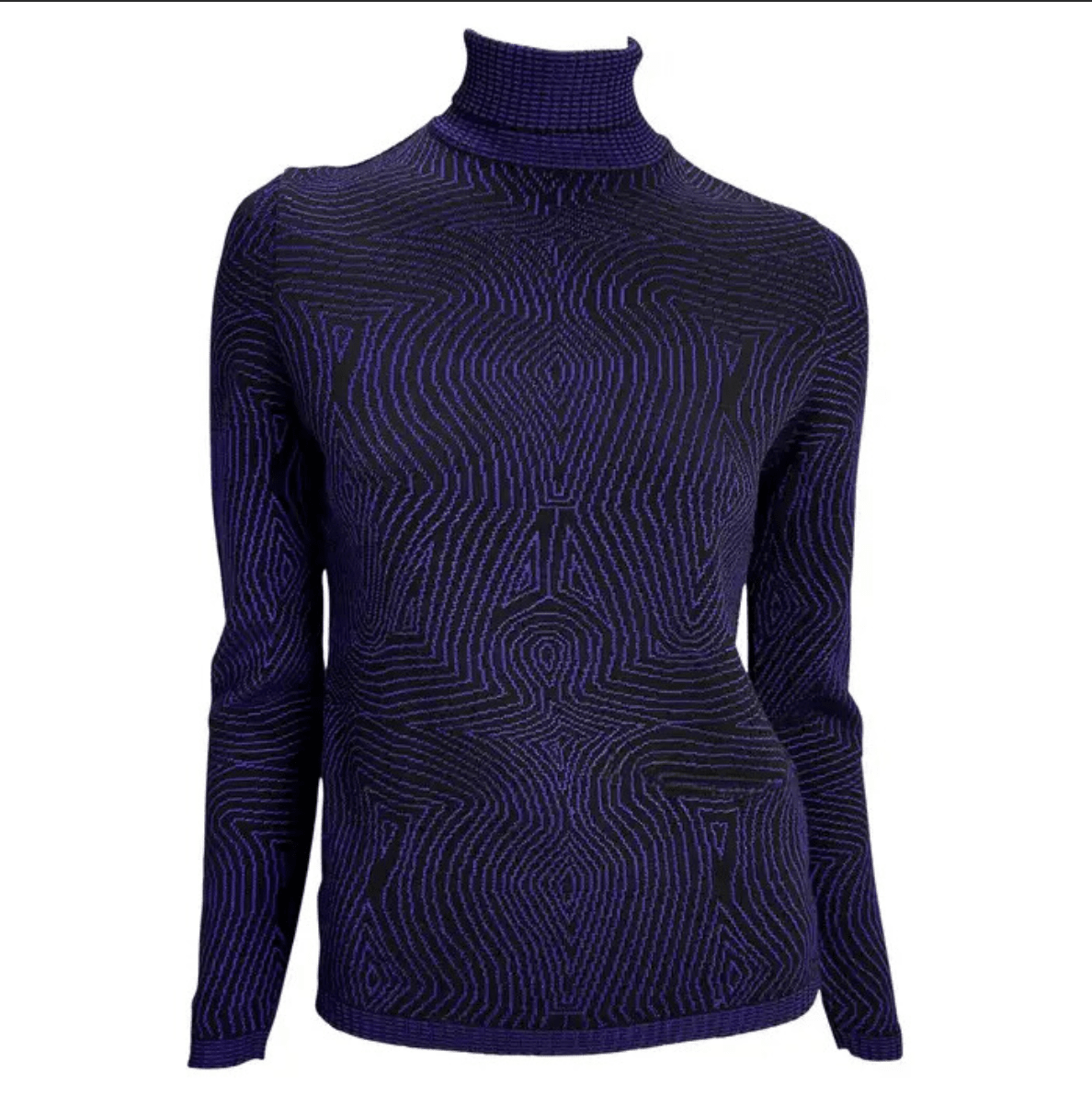 1996 Gianni Versace Purple Psychedelic Op Art Knit Roll - Neck Sweater Top - RealList