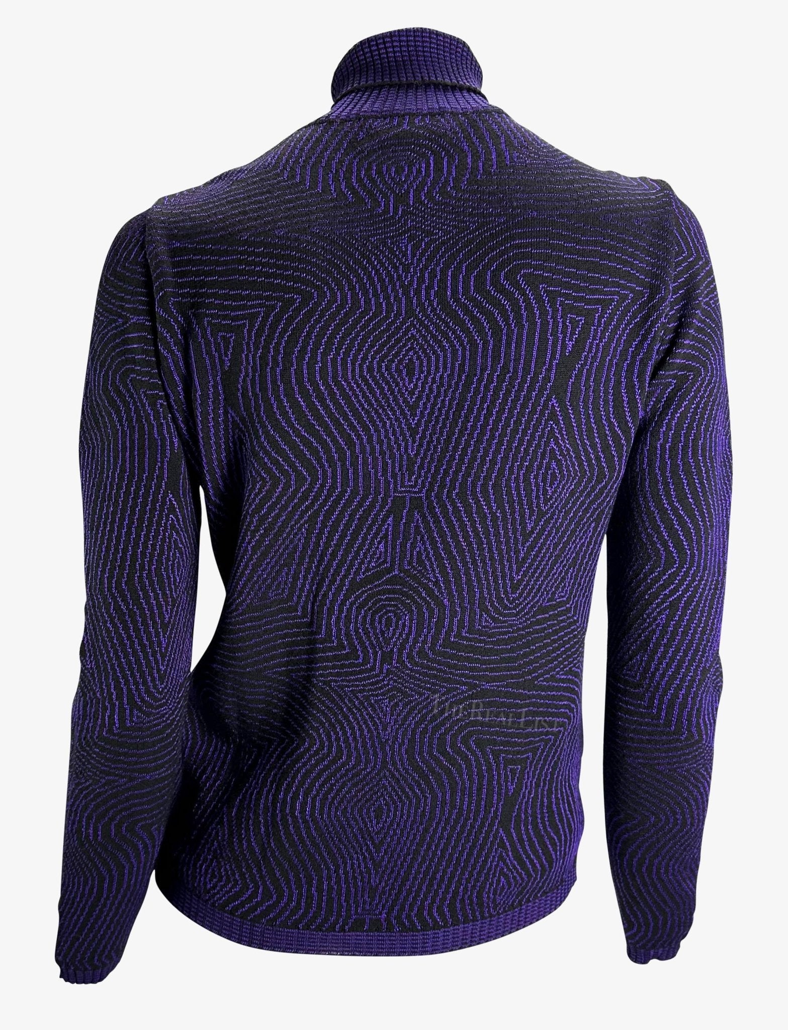 1996 Gianni Versace Purple Psychedelic Op Art Knit Roll - Neck Sweater Top - RealList