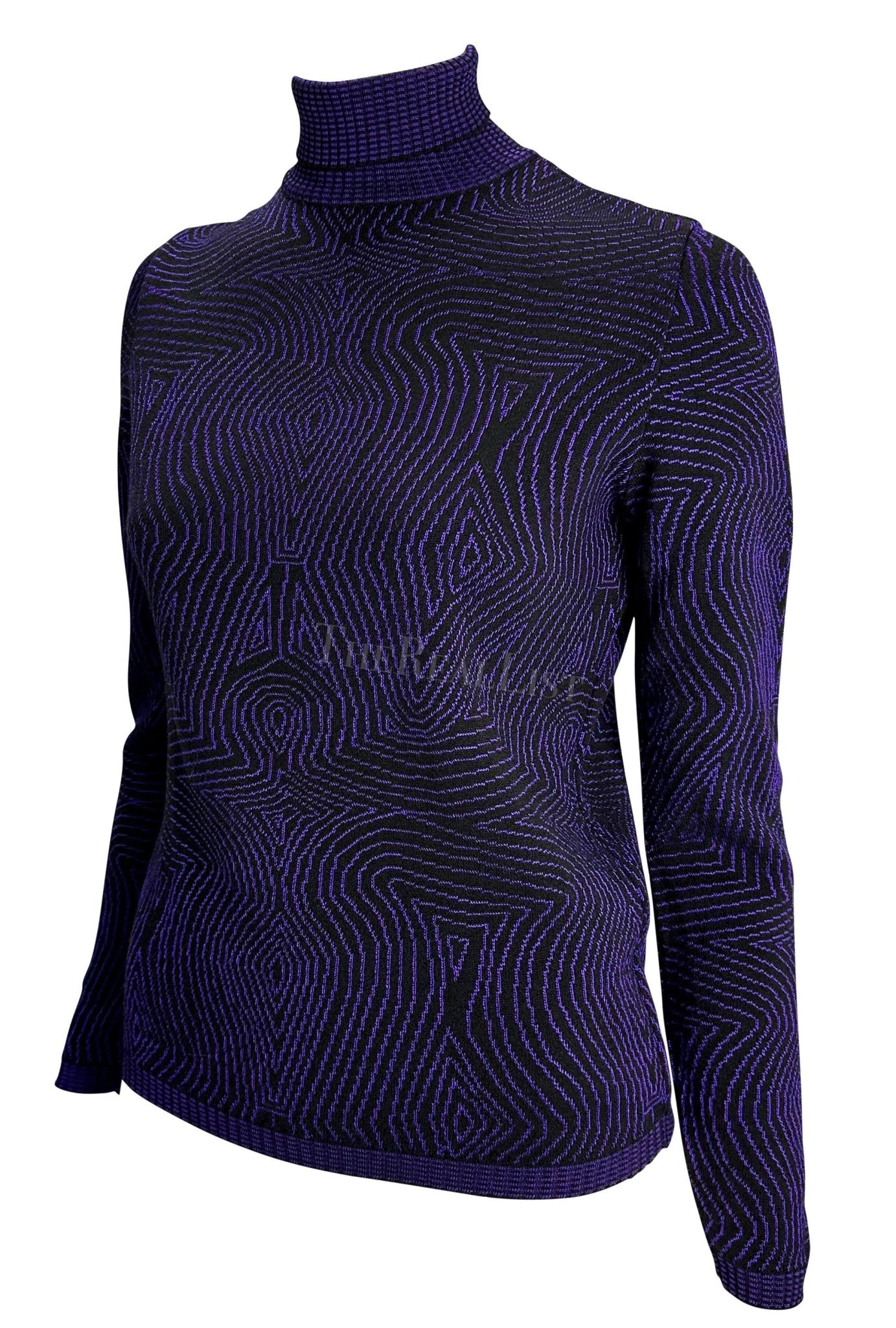 1996 Gianni Versace Purple Psychedelic Op Art Knit Roll - Neck Sweater Top - RealList