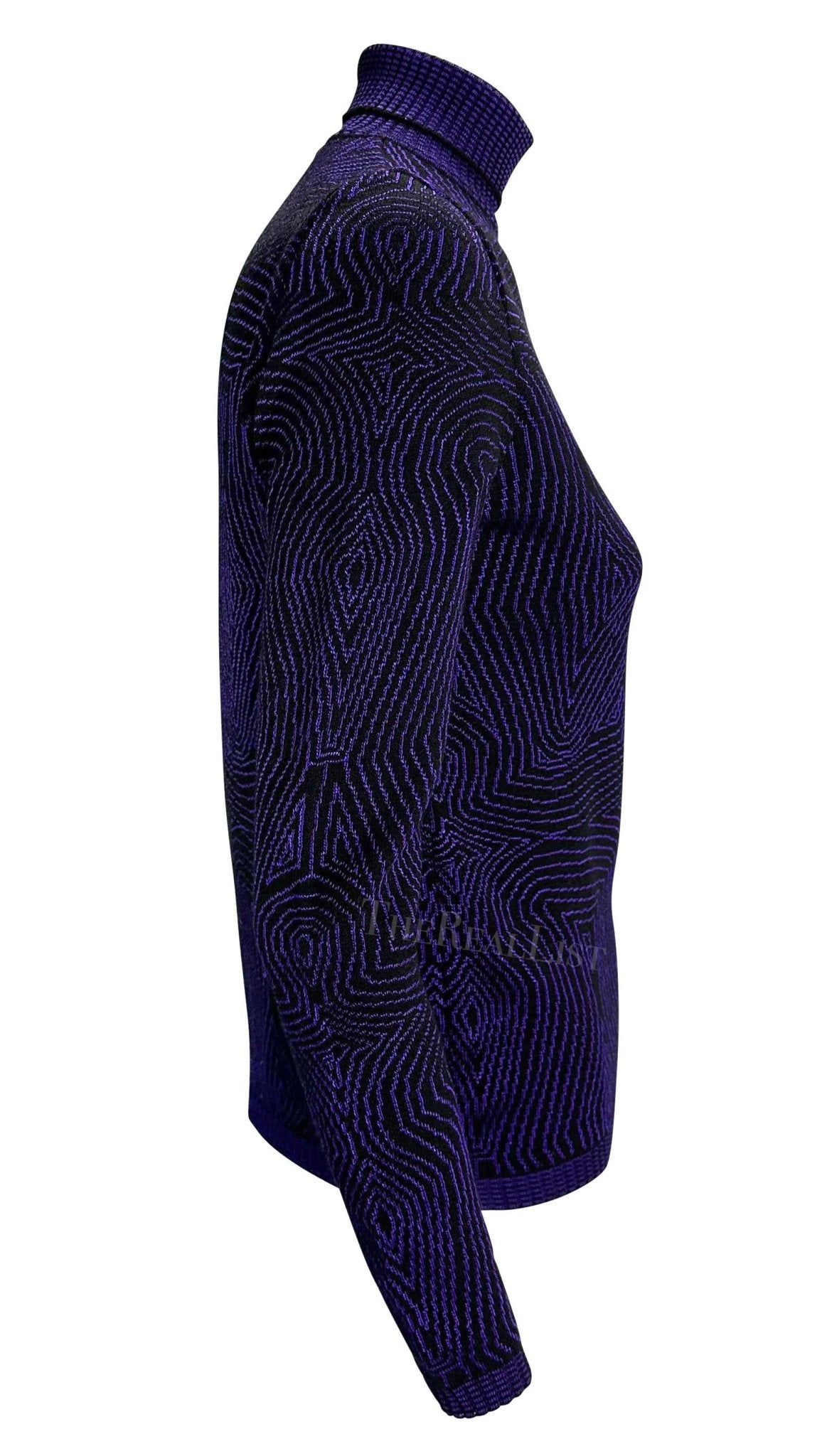 1996 Gianni Versace Purple Psychedelic Op Art Knit Roll - Neck Sweater Top - RealList