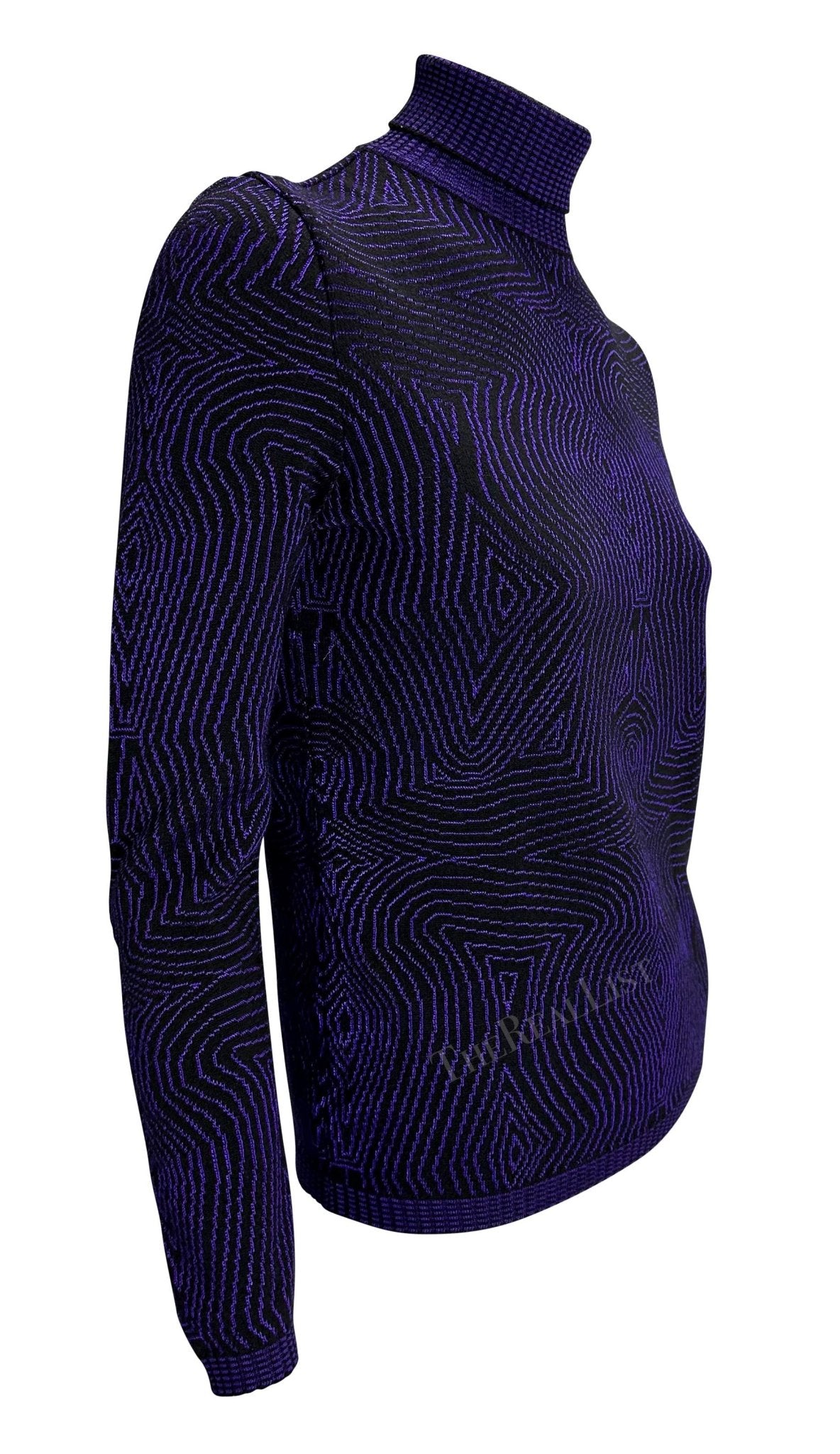 1996 Gianni Versace Purple Psychedelic Op Art Knit Roll - Neck Sweater Top - RealList