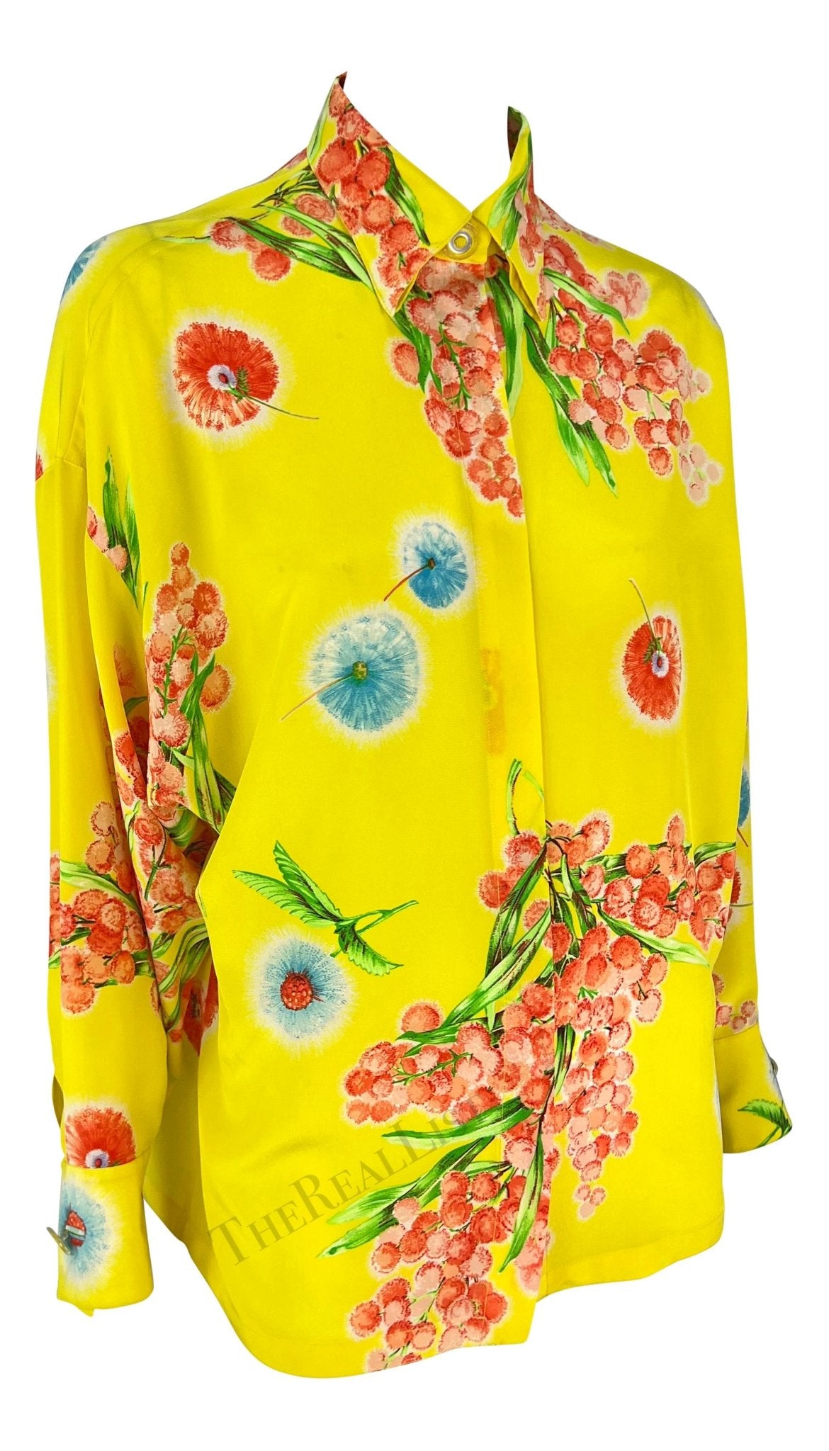 1996 Gianni Versace Yellow Floral Silk Button Up Medusa Shirt - RealList