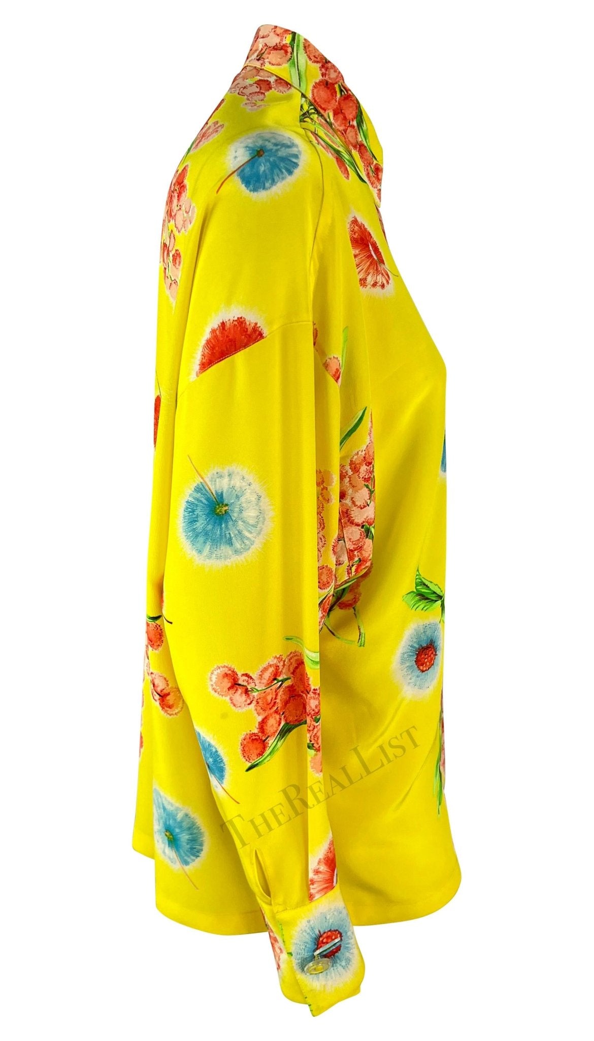 1996 Gianni Versace Yellow Floral Silk Button Up Medusa Shirt - RealList