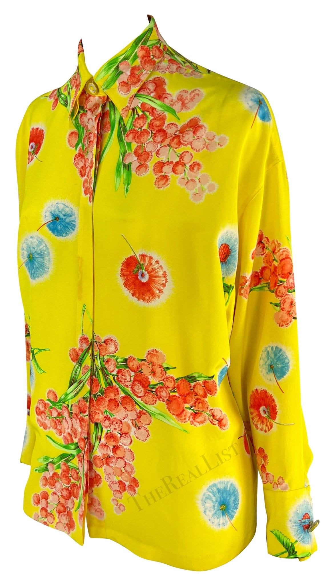 1996 Gianni Versace Yellow Floral Silk Button Up Medusa Shirt - RealList